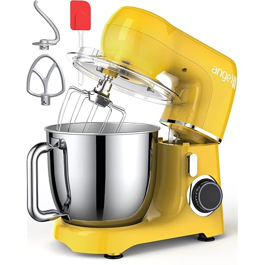 Mini Angel Stand Mixer,10-Speed Kitchen Electric Mixer,Tilt-Head Food Mixer with Dough Hook, Wire Whisk, Flat Beater, Stainless Steel Bowl (5.5QT, Yellow)