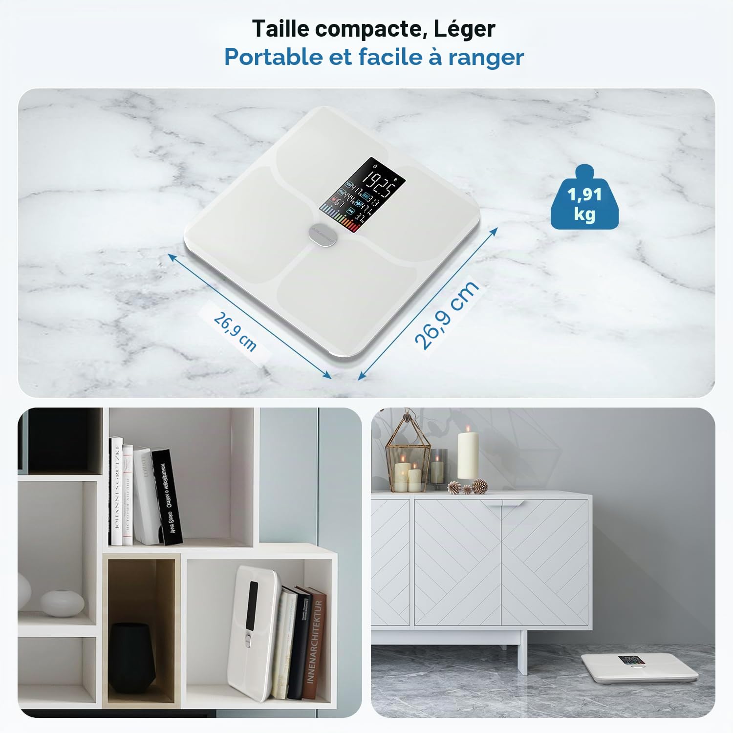 Tablegrid Pèsepersonne numérique intelligent pour poids corporel, grand écran LCD, 16 mesures de composition corporelle, IMC, poids d'eau, fréquence cardiaque, mode bébé, 181,4 kg, rechargeable