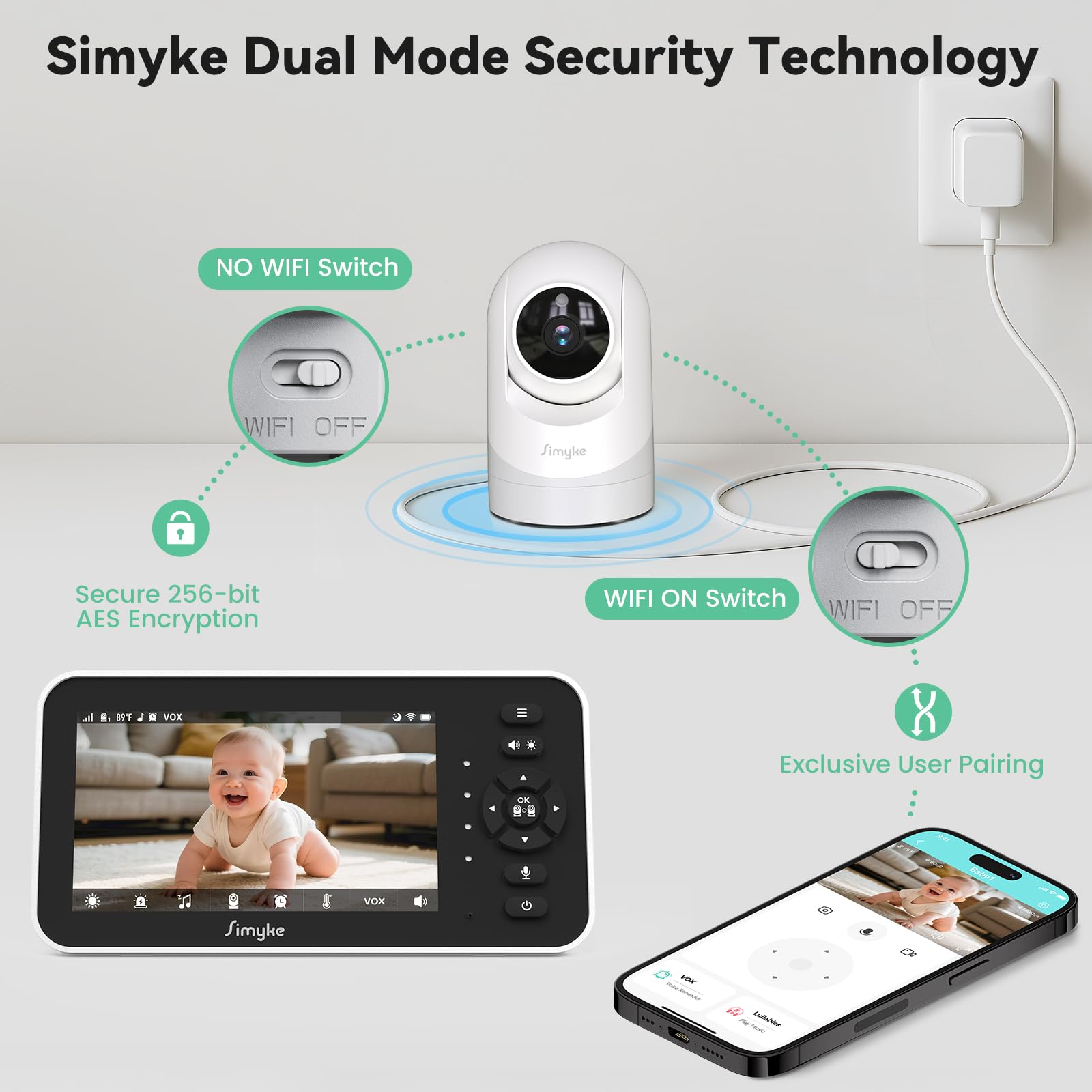 Simyke Video Baby Monitor with Camera and Audio,5'' Screen,720P,No Wifi or Free App Mode,Pan-Tilt-Zoom,Lullabies,Feeding Remind,Night Vision,VOX/ECO,2-Way Talk,1500ft Long Range,Easy Setup,30H Battery - Image 2