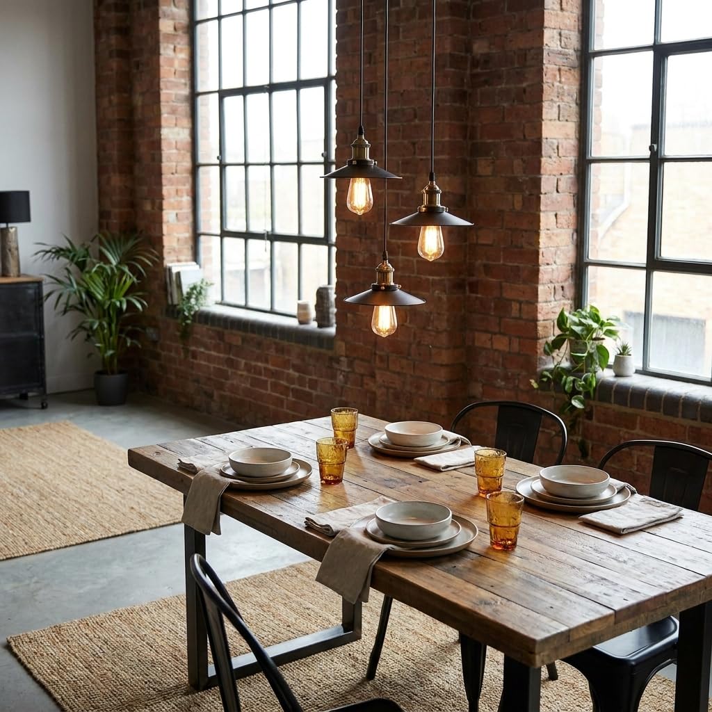 BARCELONA LED CLOCK WORK Potrójna Lampa Wisząca Industrialna Vintage, 3 x Oprawka E27, Czarny Matowy Metal i Złote Oprawki, Regulowana Wysokość, Lampa Sufitowa do Jadalni, Kuchni, Salonu i Baru