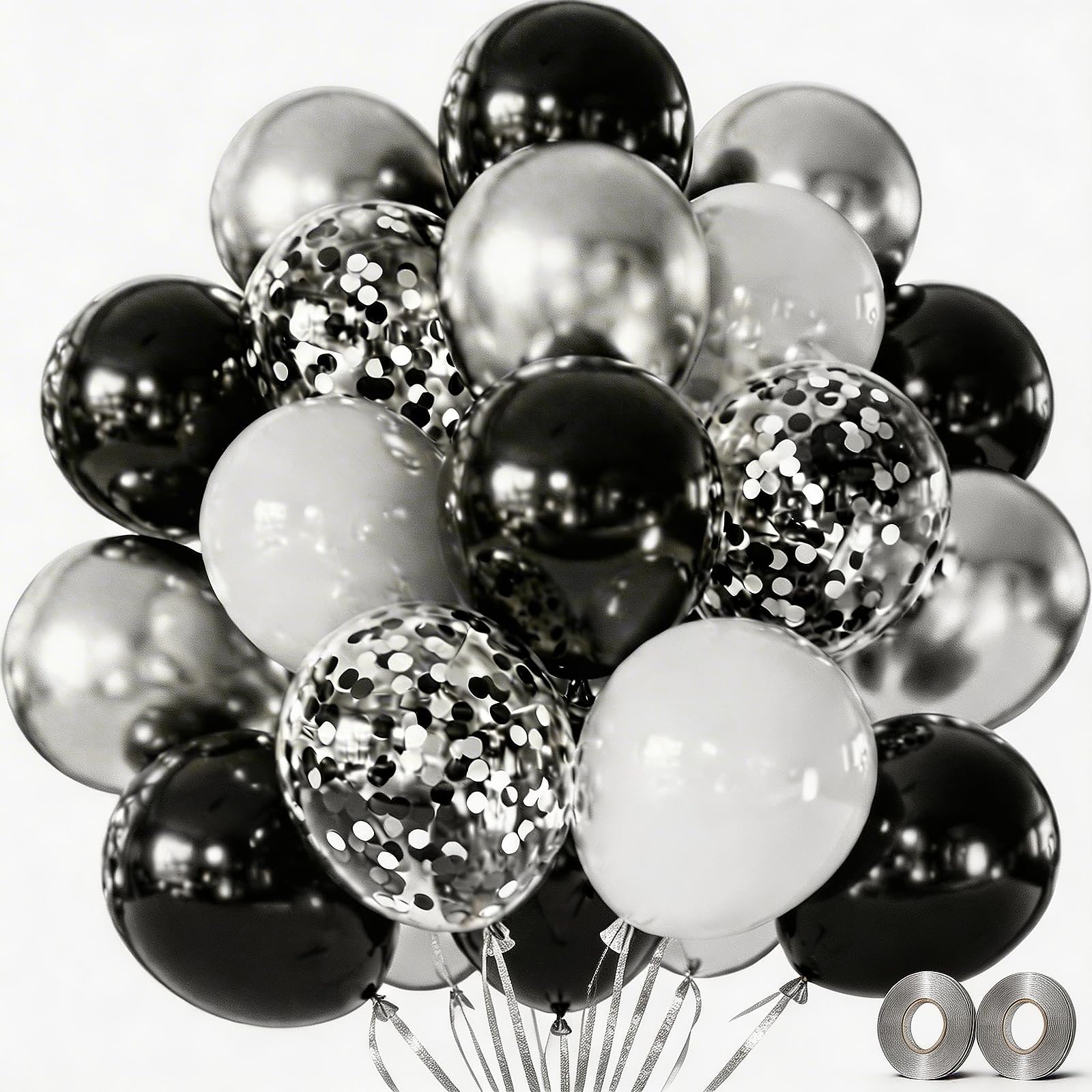 Balloons, 35Pcs 12" Birthday Balloons, Confetti and Metallic Shimmer Latex Balloon Set, Black White and Silver Balloons for Birthday Party, Weddings,Events, Balloon Bouquets and 100-Day Decoration