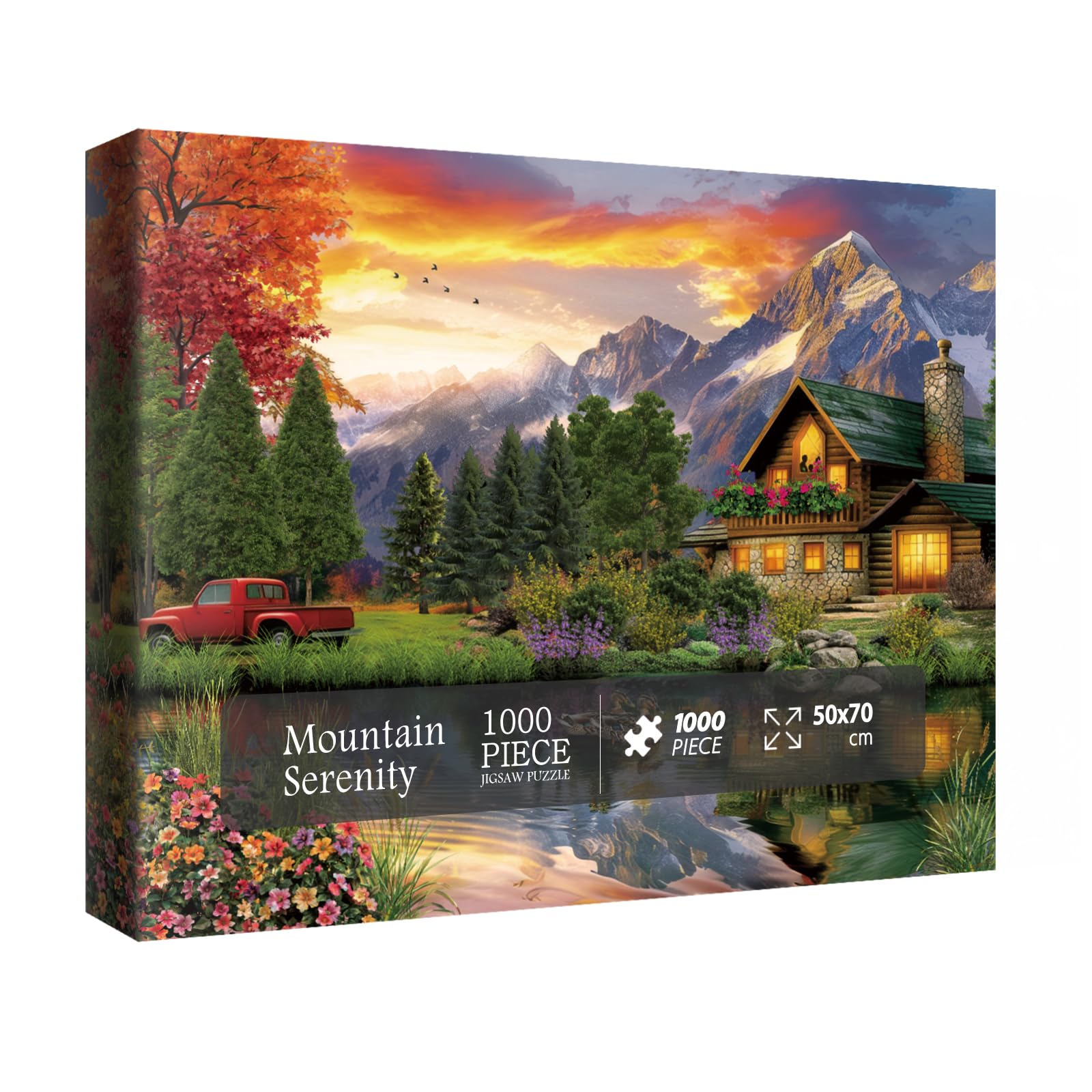 Beautiful Landscape Lake Sunset Puzzles for Adults 1000 Pieces, Pretty Nature Country House Scenic Art Jigsaw Puzzles, Colorful Flower Plant Duck Tree Scenery Puzzle