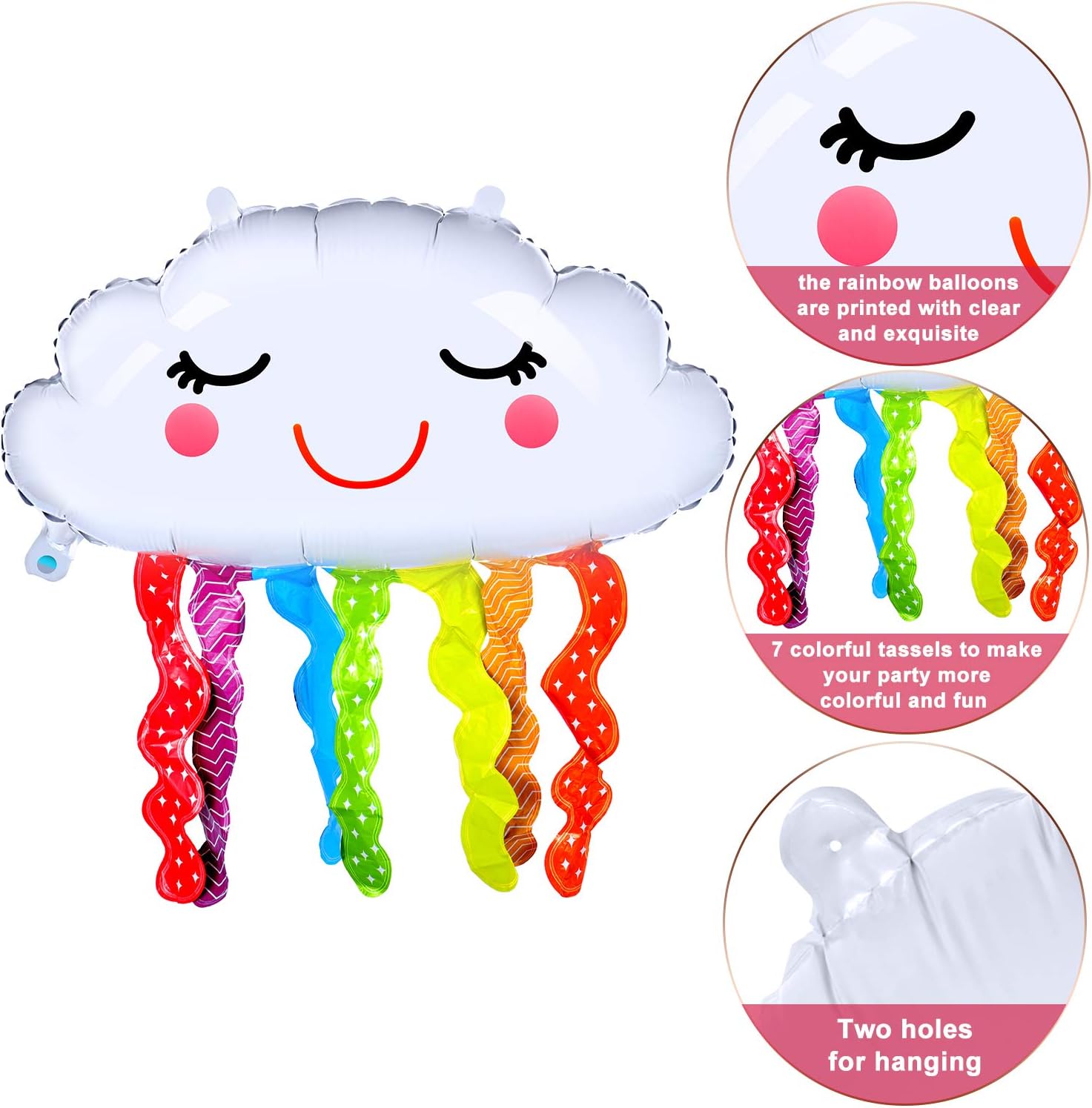 6 Pieces 30 Inch Rainbow Cloud Shaped Foil Balloons Rainbow Foil Mylar Balloons Smiling Face Tassel Balloons for Rainbow Themed Party Decorations Birthday Baby Shower Party Supplies