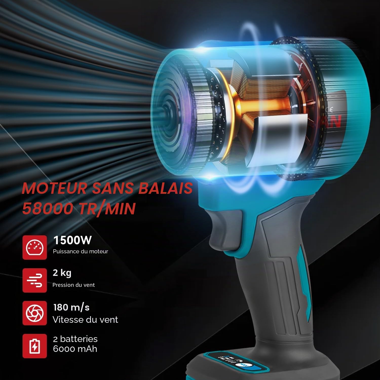 ONEVAN Souffleur Turbo sans Fil, 648km/h souffleur a Batterie sans balais avec 2 Batteries 6Ah, Force de soufflage 2kg, souffleur de Feuilles Puissant, souffleur Jardin per Feuilles, Neige, Gravier