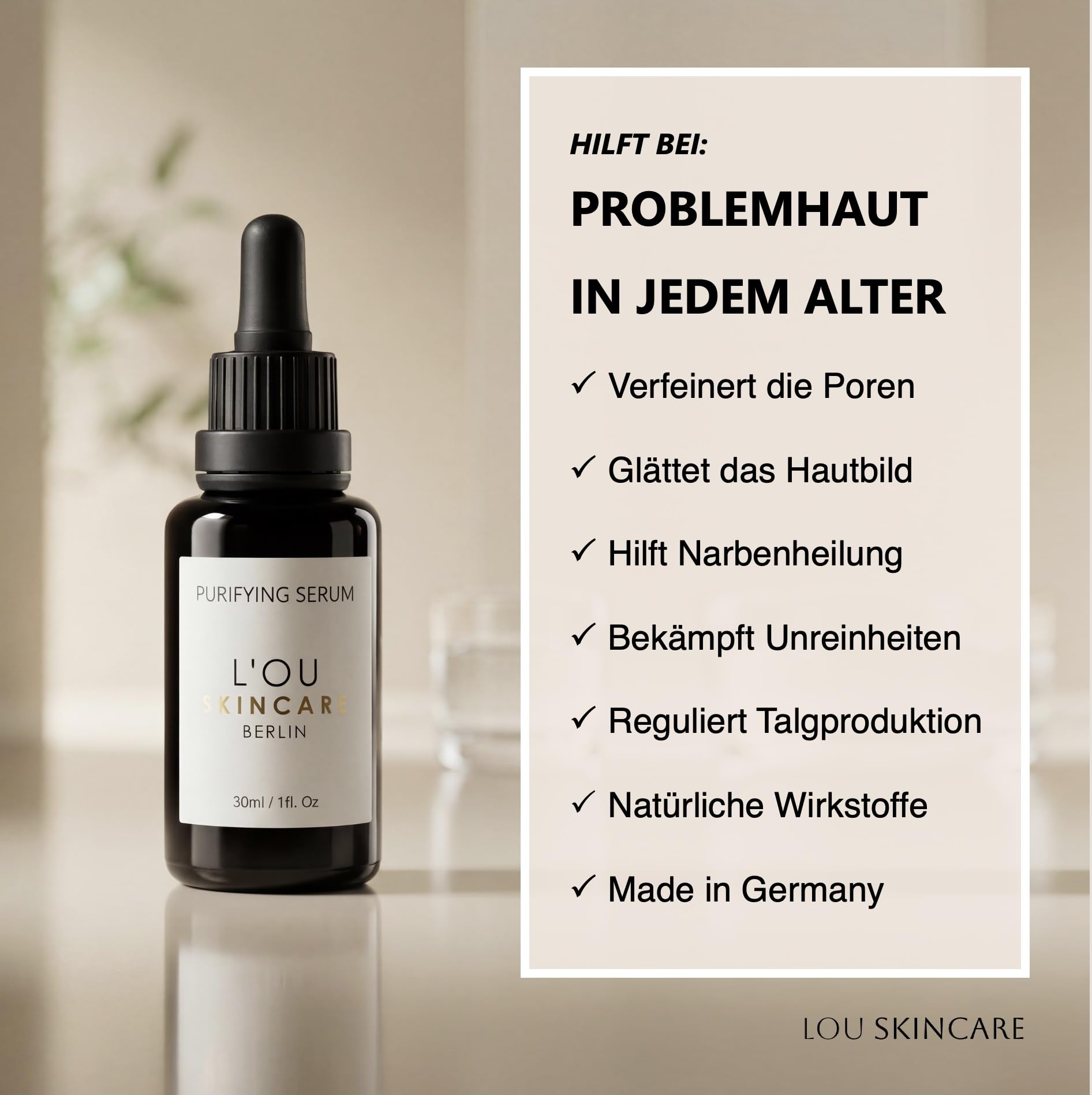 lou skincare purifying serum - Gesichtsserum mit Hanf, Teebaum und Lavendel, für unreine und empfindliche Haut, 30ml