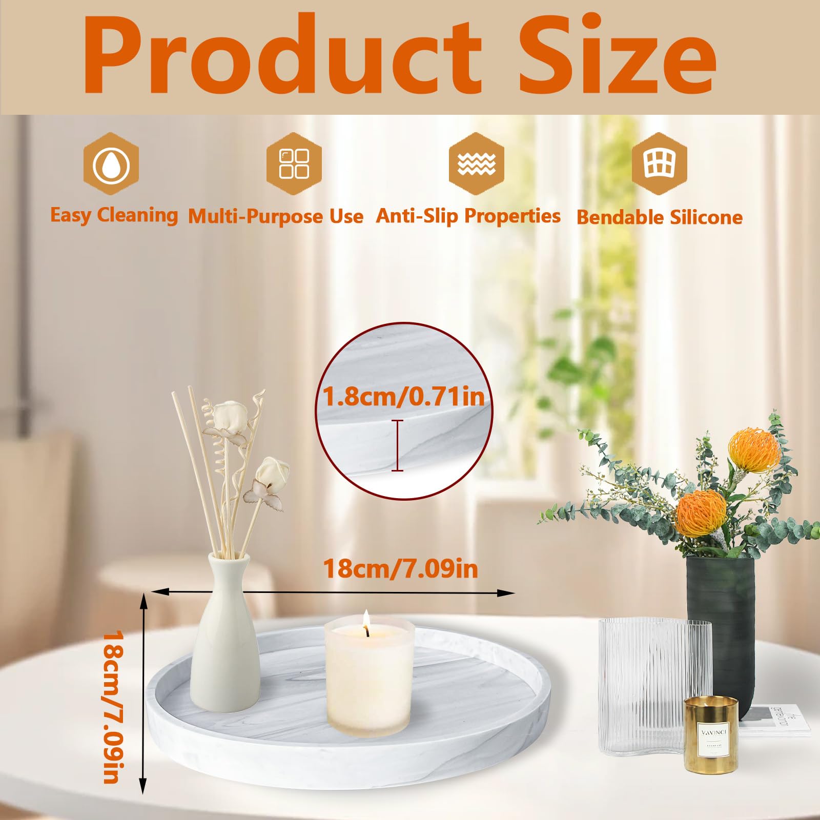 LELE LIFE Silicone Bathroom Vanity Tray, 7.1in Marble Bathroom Tray Countertop Organizer, Decorative Perfume Tray Coffee Table Dresser Counter Decor for Candle Jewelry Key (Round)