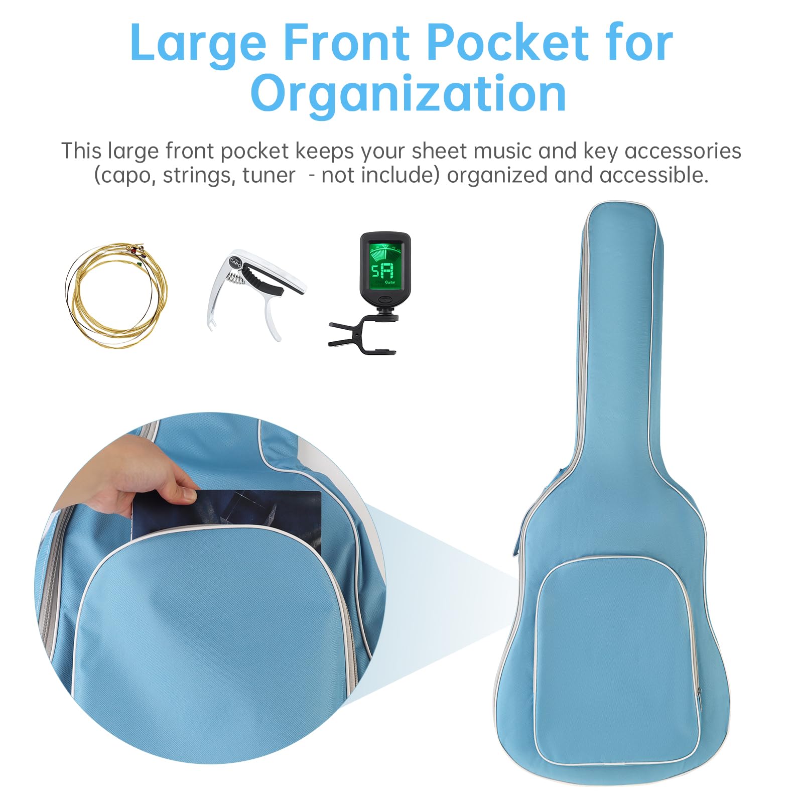 Housse de guitare acoustique de 101,6 cm, 104,3 cm, double bandoulière réglable, imperméable, souple, rembourrée, sac à dos de grande capacité pour amateur de guitare acoustique classique, bleu, bleu