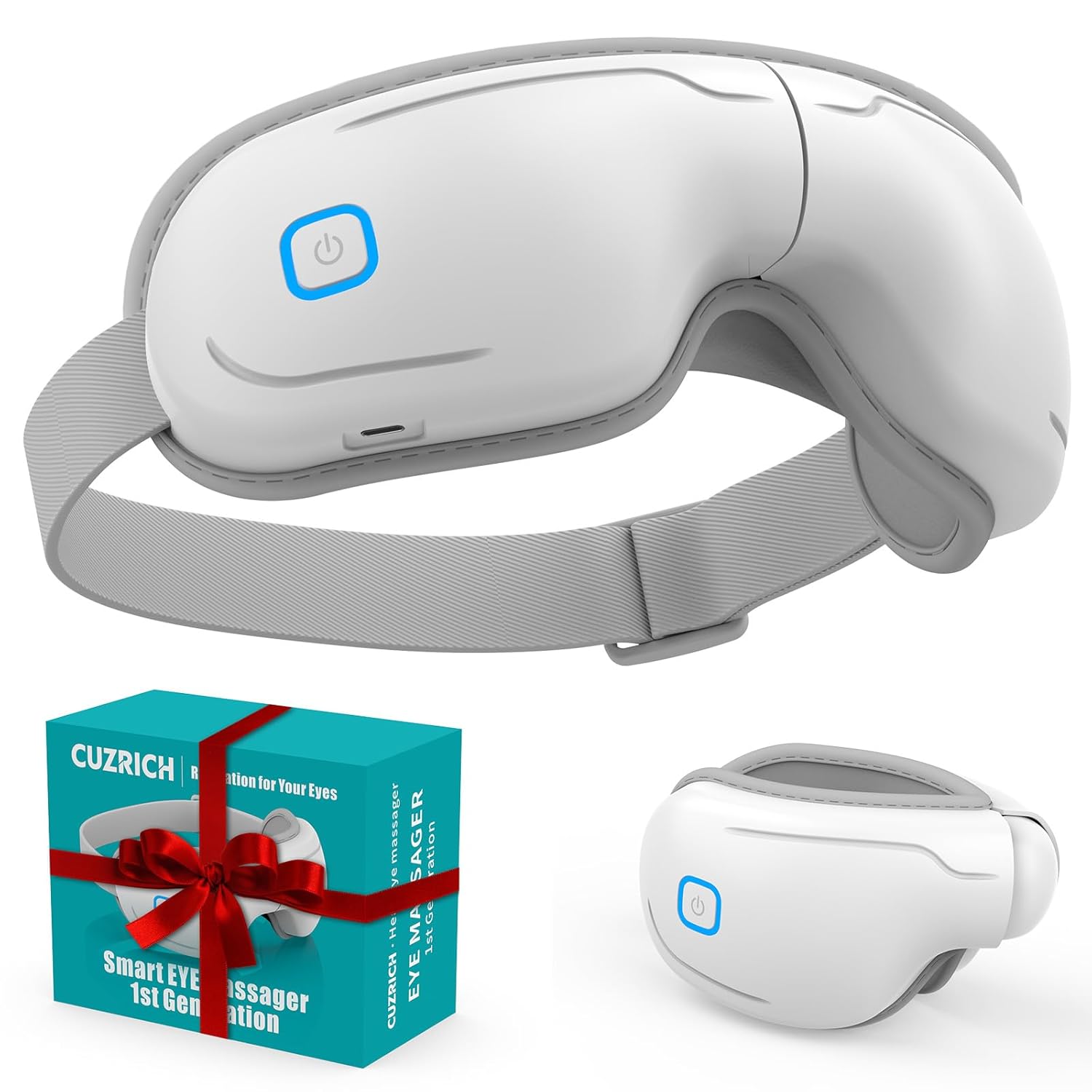 Eye Massager with Heat and Compression - Classic White Heated Eye Mask with Vibration Bluetooth Music 6 Modes