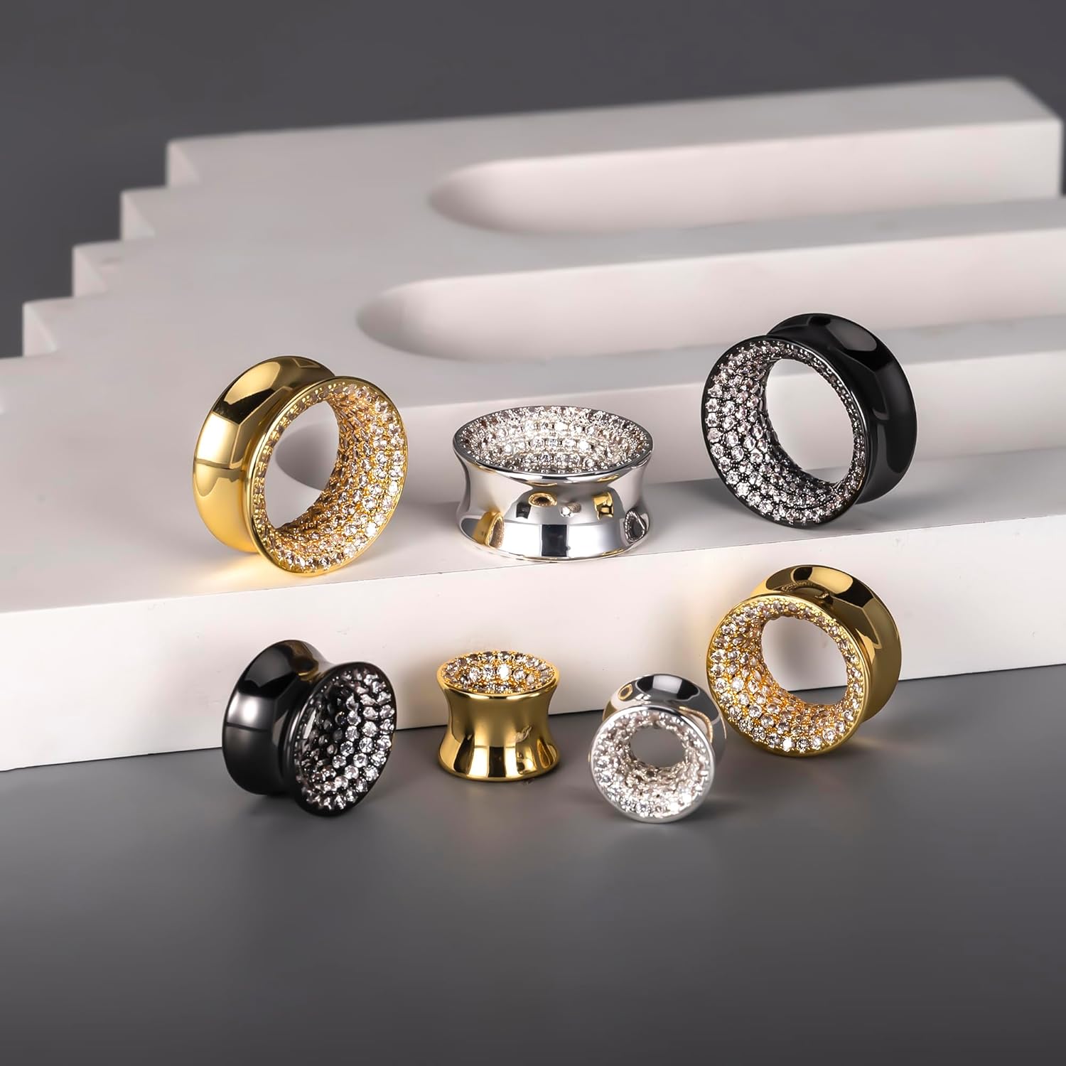 DOEARKO イヤーゲージ 00g (10mm-19mm) ハイポリッシュダブルフレアプラグ 5Aキュービックジルコニアストーン1