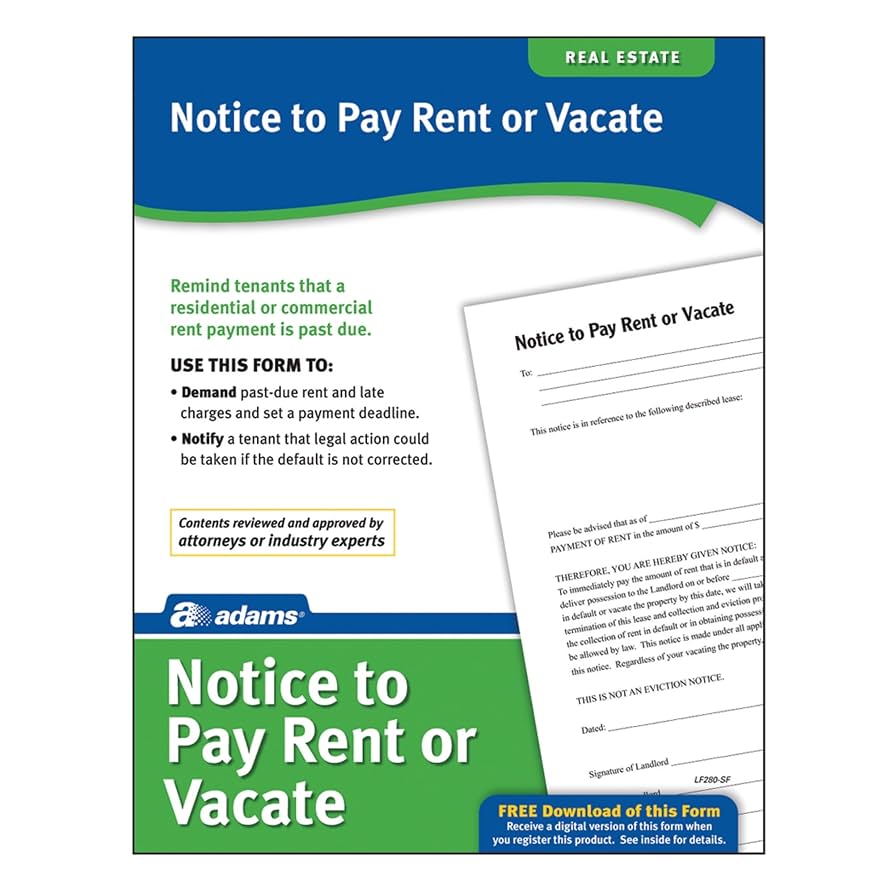 Amazon.com : Adams Notice to Pay Rent or Vacate, Forms and Instructions [Print and Downloadable] (LF280), White : Legal Forms : Office Products for Free Printable Past Due Rent Notice