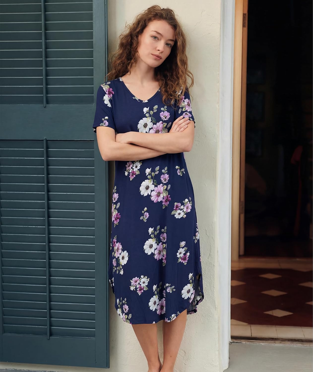 GYS Bamboo Viscose Nightgowns for Women Short Sleeve V Neck Night Shirts with Pockets