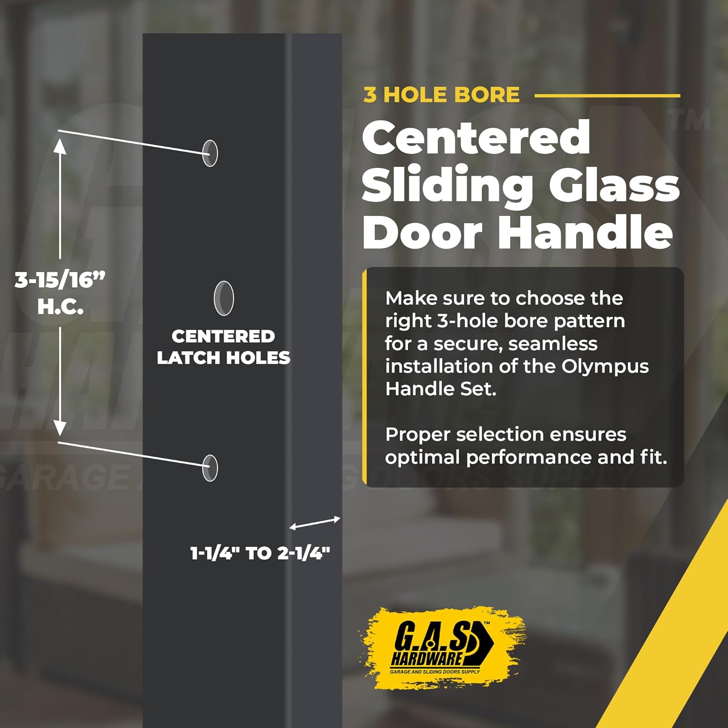 10" Olympus Sliding Patio Glass Door Center Latch Position White Pull Handle Set Replacement - fits 3 ¹⁵/₁₆ inches Hole Spacing, and 1-1/4" to 2-1/4" Door Thickness