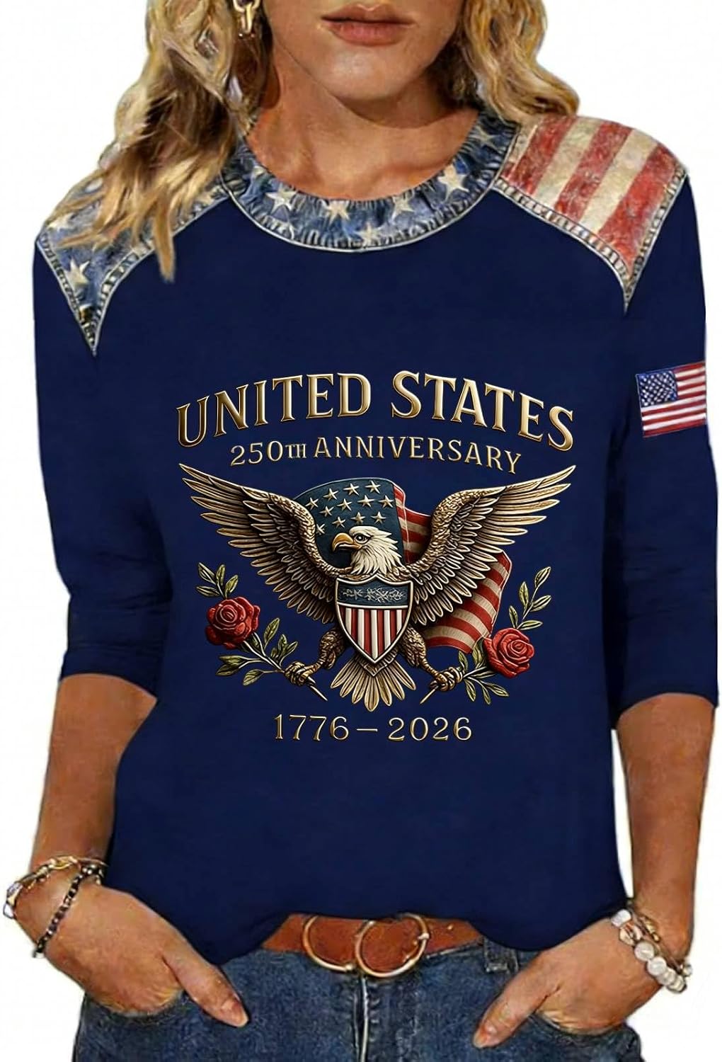 250th Anniversary USA Shirt Women America 250 Shirt 3/4 Sleeve Patriotic Flag Eagle Print Tops 1776-2026 Tshirt Gifts