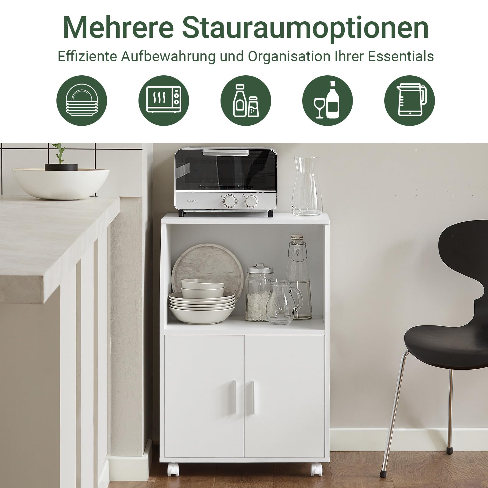 SoBuy Küchenwagen mit Arbeitsplatte Rollbarer Servierwagen mit Schublade Mikrowellenschrank auf Rollen Küchenschrank Rollwagen weiß für kleine Küchen, Büro oder Esszimmer 92x59x40cm FRG241-W