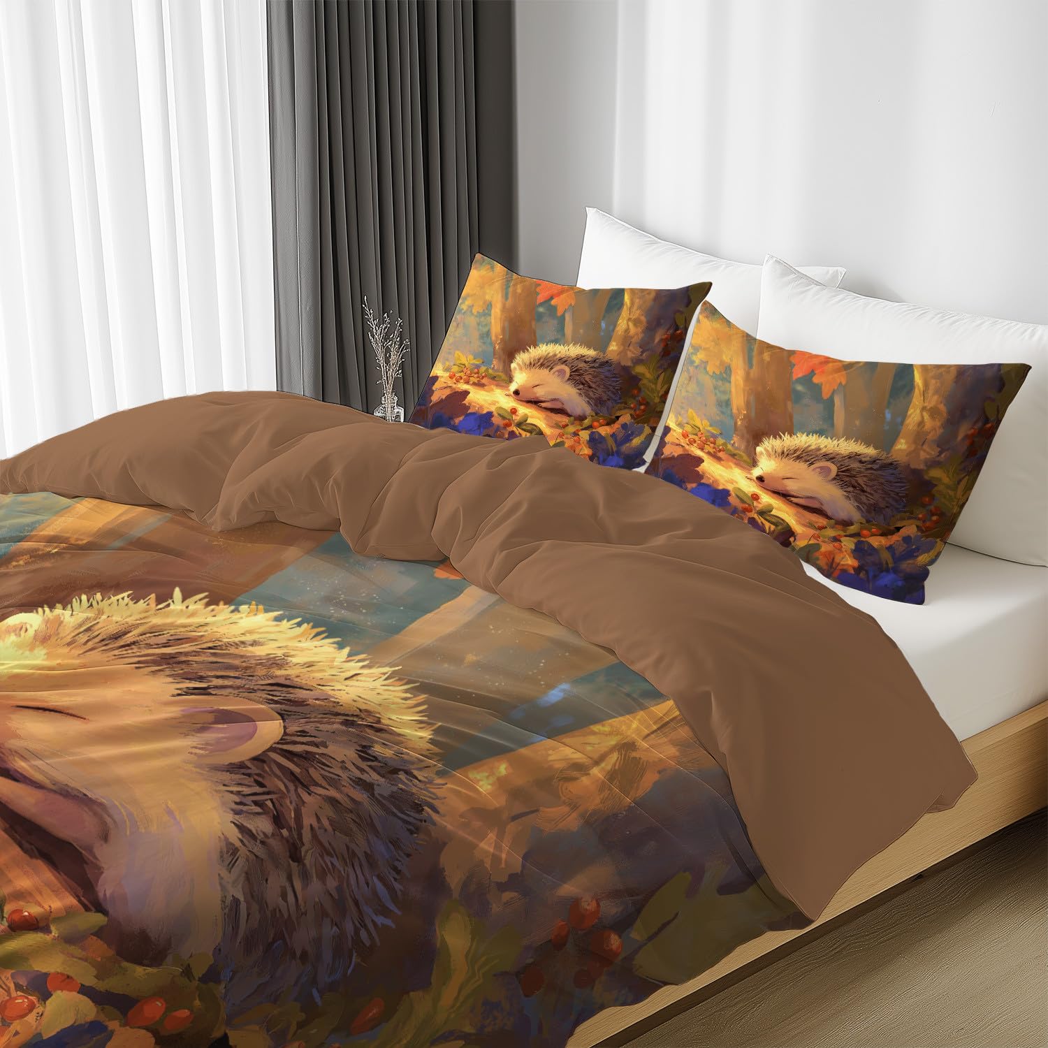 Super King zestaw pościeli premium z mikrofibry 135 x 200 cm, mandarynkowa pomarańczowa, ultrasoft, hipoalergiczna, dwustronna, 3-częściowy zestaw pościeli, zwierzęta jeż, jesienny las, poszewka na