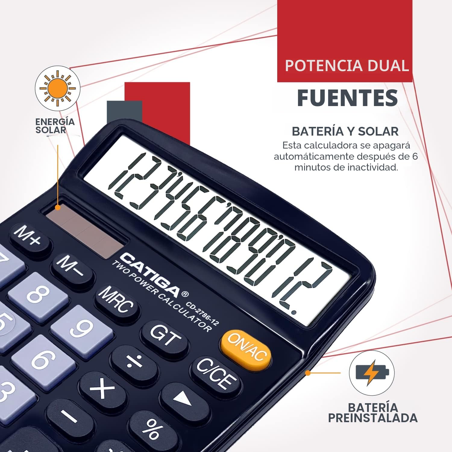 Calculadora de Escritorio de 12 dígitos con Pantalla LCD Grande y botón Sensible, Doble alimentación Solar y batería, función estándar para Oficina, hogar, Escuela, CD-2786