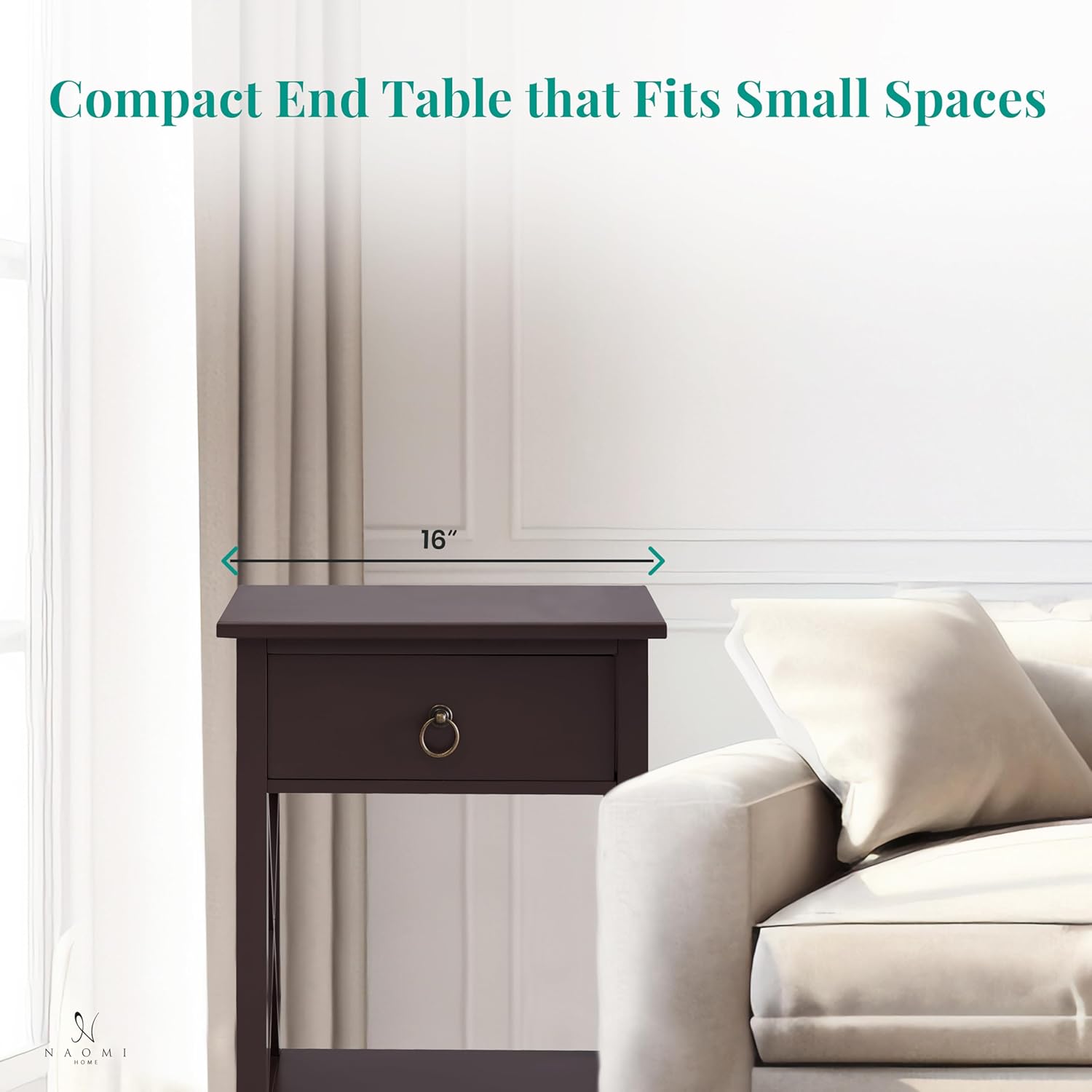 Espresso Solid Wood Small End Table with Drawer and Shelf