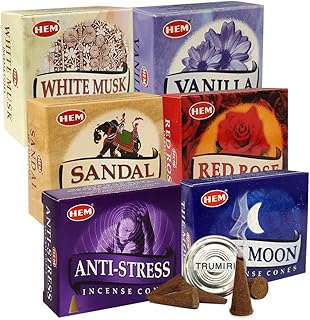 Hem Incense Cones Variety Pack #6 and Cone Incense Burner Bundle with 6 Most Admired Fragrances
