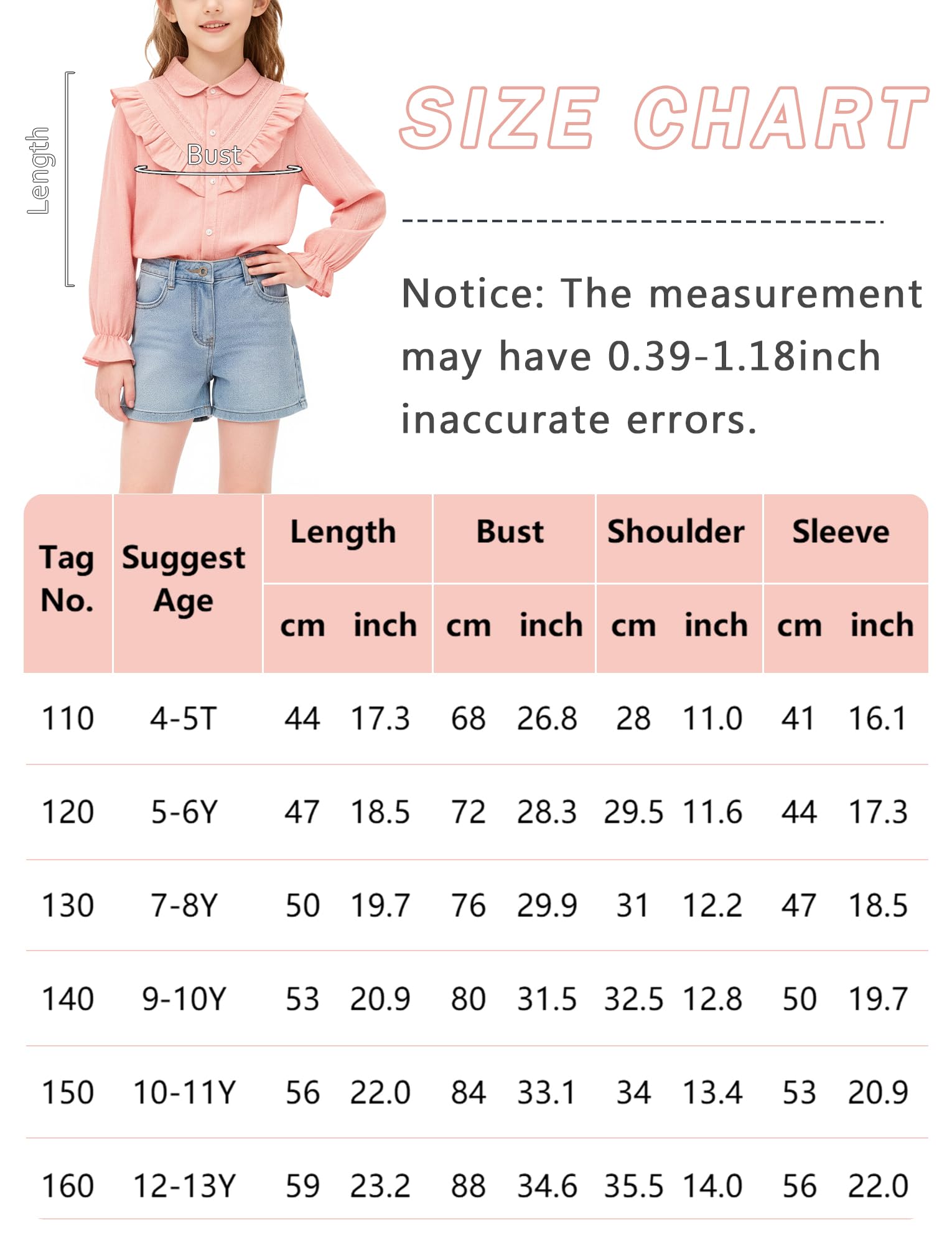 Happy Cherry - Chemisier à Manches Longues pour Filles Chemise à Volants de Princesse en Coton Esthétique Léger Fille Enfant T-Shirt Tops école pour Printemps été Automne - 4-13 Ans