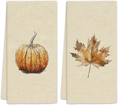 Fall Pumpkin Kitchen Towels Set of 2, Autumn Fall Dish Towel, Vintage Pumpkin Maple Leaves Decorative Hand Towels for Kitchen Bathroom, Rustic Autumn Home Bathroom Decor16x24 Inch