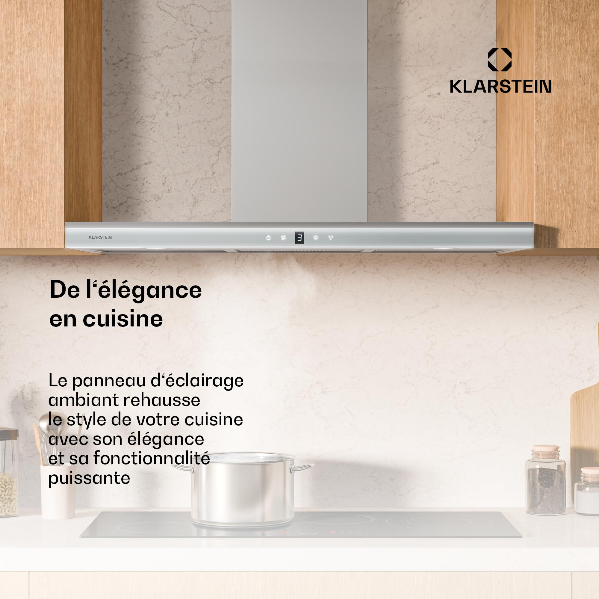 Klarstein Auriana Hotte Murale - 90cm Hotte Aspirante, Débit 700 m³/h, A+ Énergie, Éclairage LED 6000K, WiFi & Tactile, Silencieuse 56 dB, Filtre à Charbon, Noir