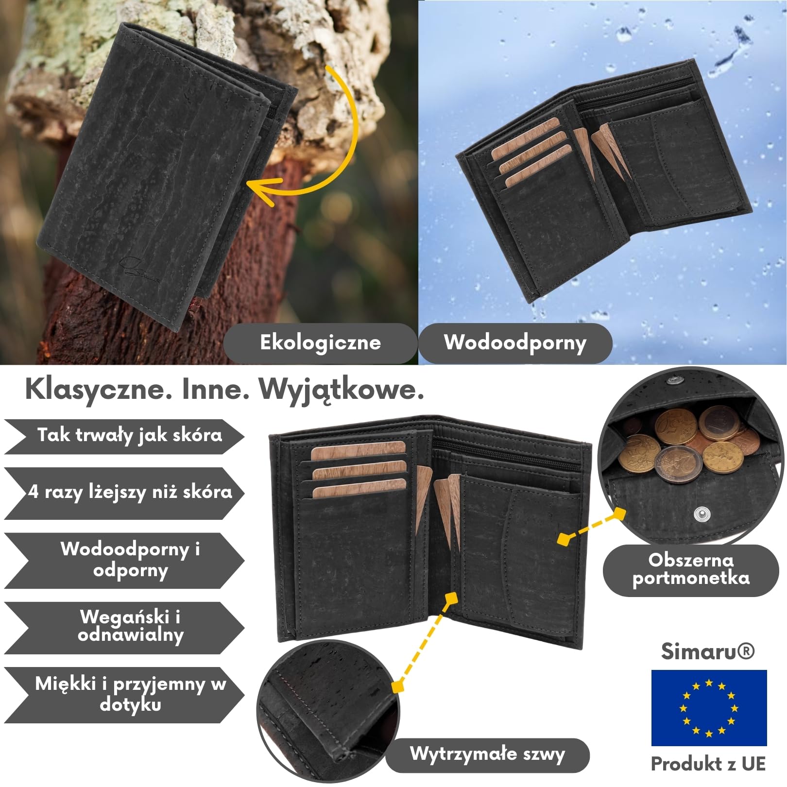 Simaru Portfel z korka dla mężczyzn z ochroną RFID | Wegański portfel z 10 przegródkami na karty oraz miejscem na banknoty i monety | Wodoodporny i zrównoważony | Alternatywa dla skóry (Czarny)