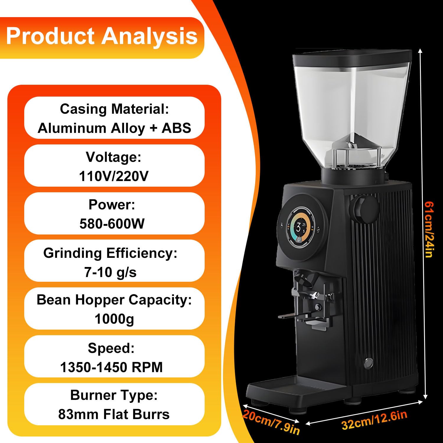 Molinillo de café automático Comercial, Capacidad de 1000 g, para Espresso, Velocidad de 1350-1450 RPM, eficiencia de molienda de 7-10 g/s, para cafeterías y postres.
