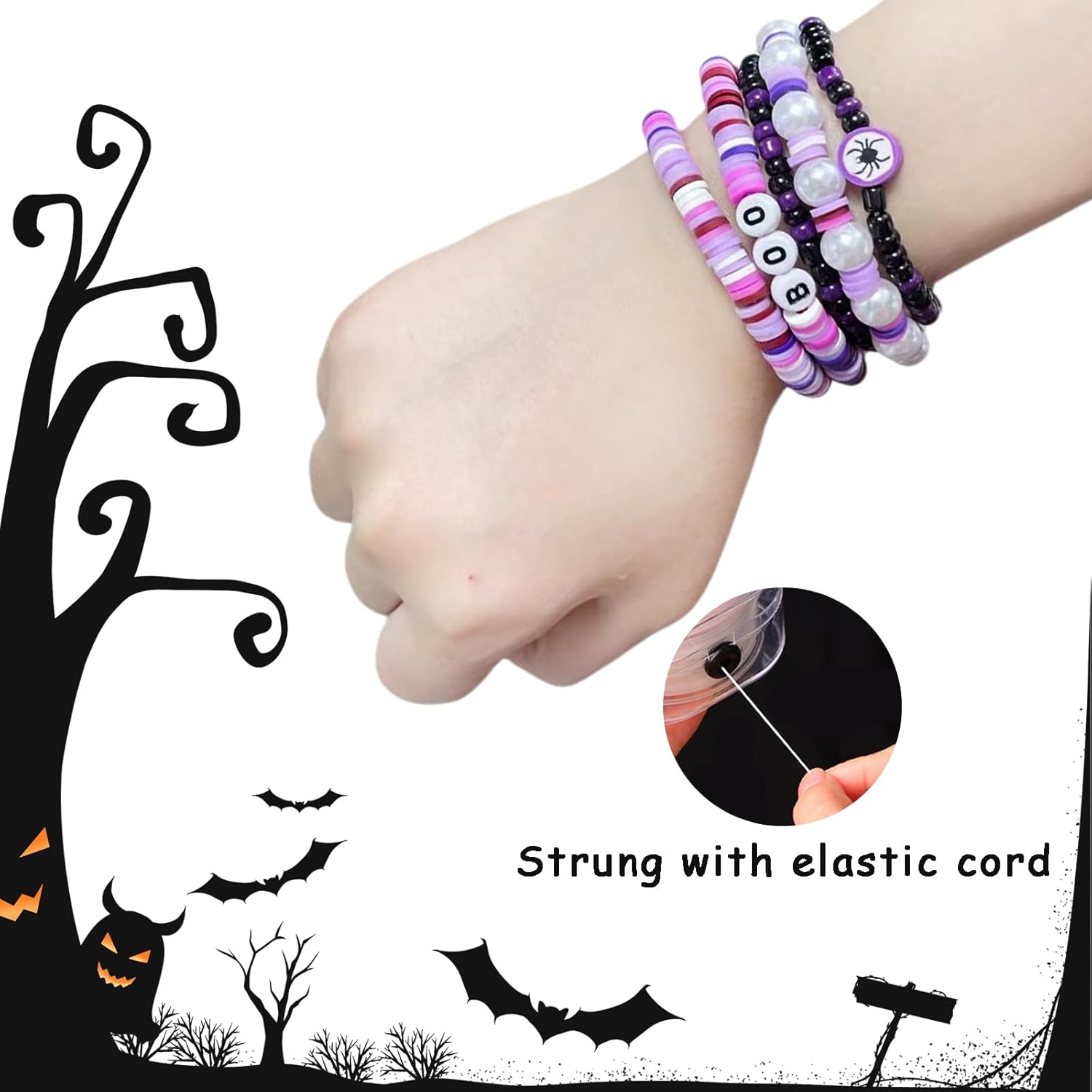 Halloween Heishi Beaded Bracelets 5PCS Stackable Clay Friendship Bracelet Kit with Boo & Spider Charms Cute Preppy Halloween Jewelry for Women - Image 3