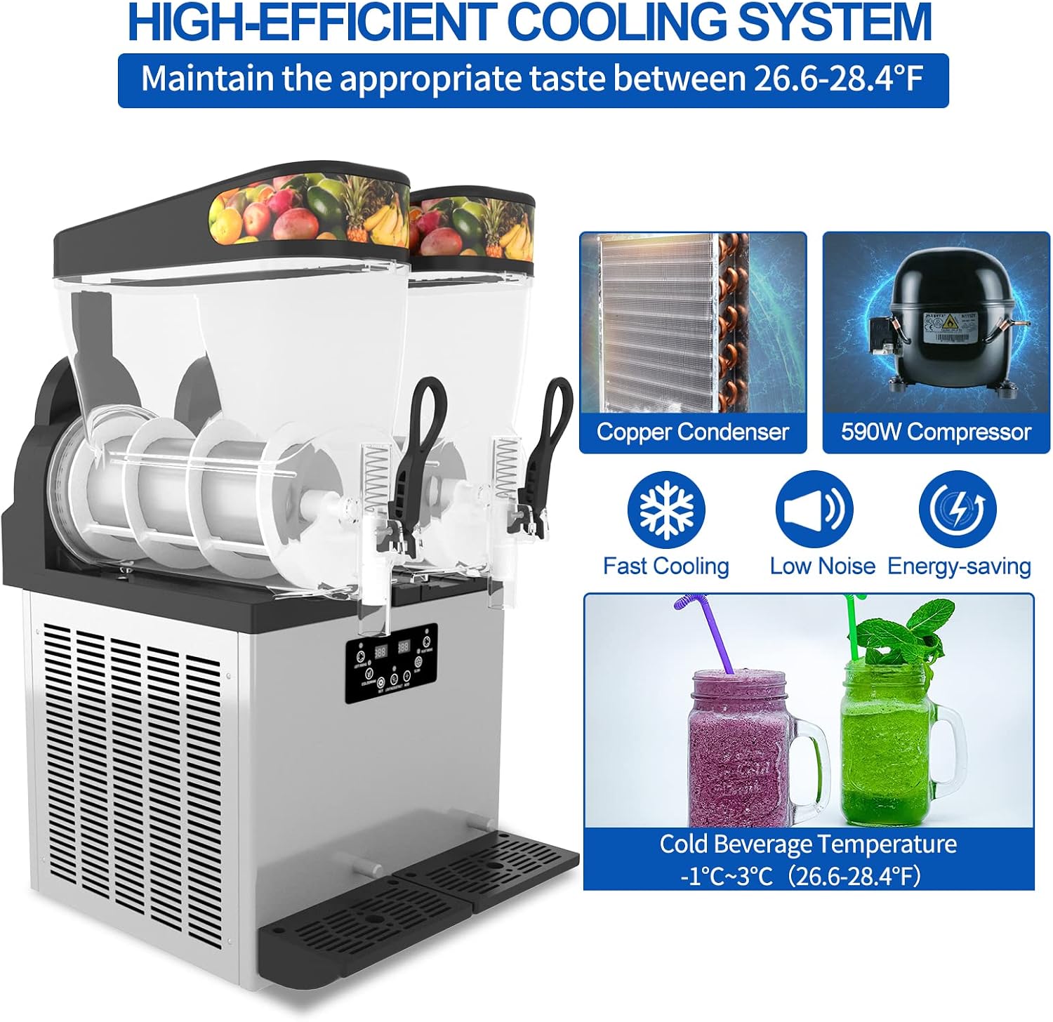 Slushie machine with internal components visible, highlighting the cooling system