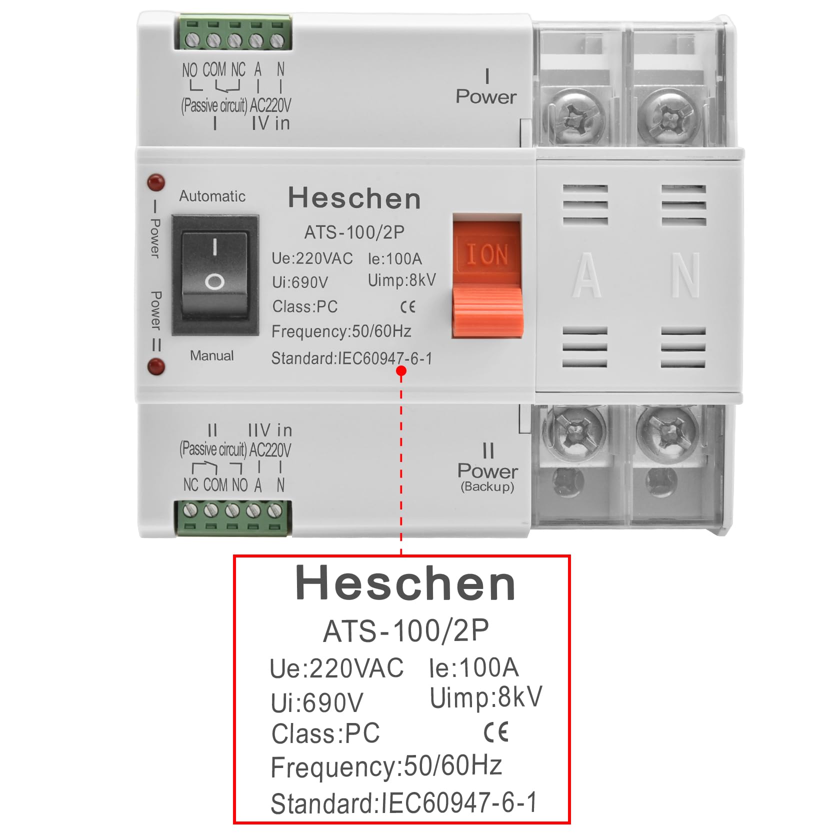 Heschen ATS Interruttore automatico a doppia corrente, ATS-100 2P 100A, 220 VAC, 8kV, classe PC, automatico/manuale, per la commutazione di circuiti elettrici