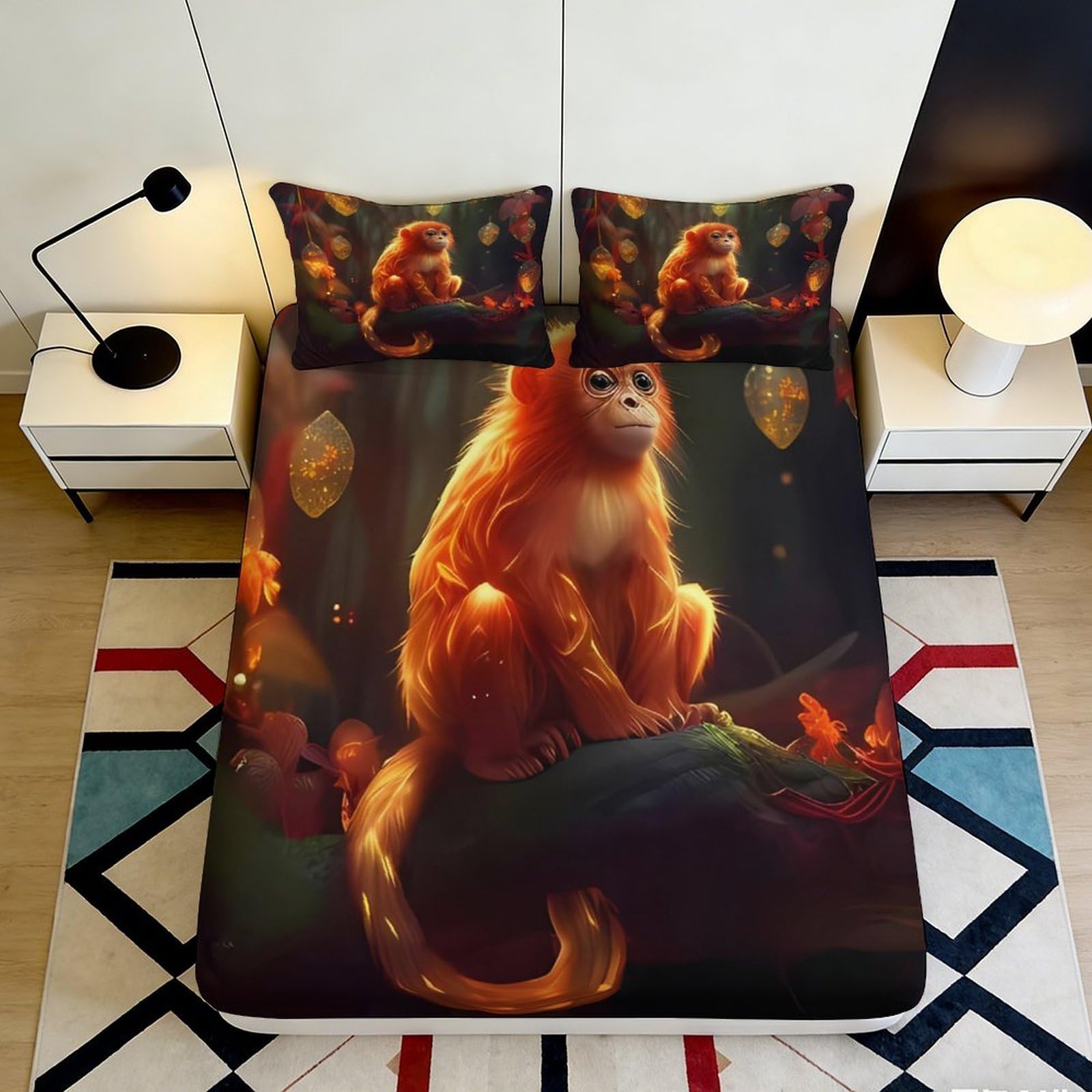 3D Printed Fantasy Fire Monkey Fitted Sheet Microfiber Soft Bed Cover for Bedroom Dorm Mattress Decor 120x200x25cm