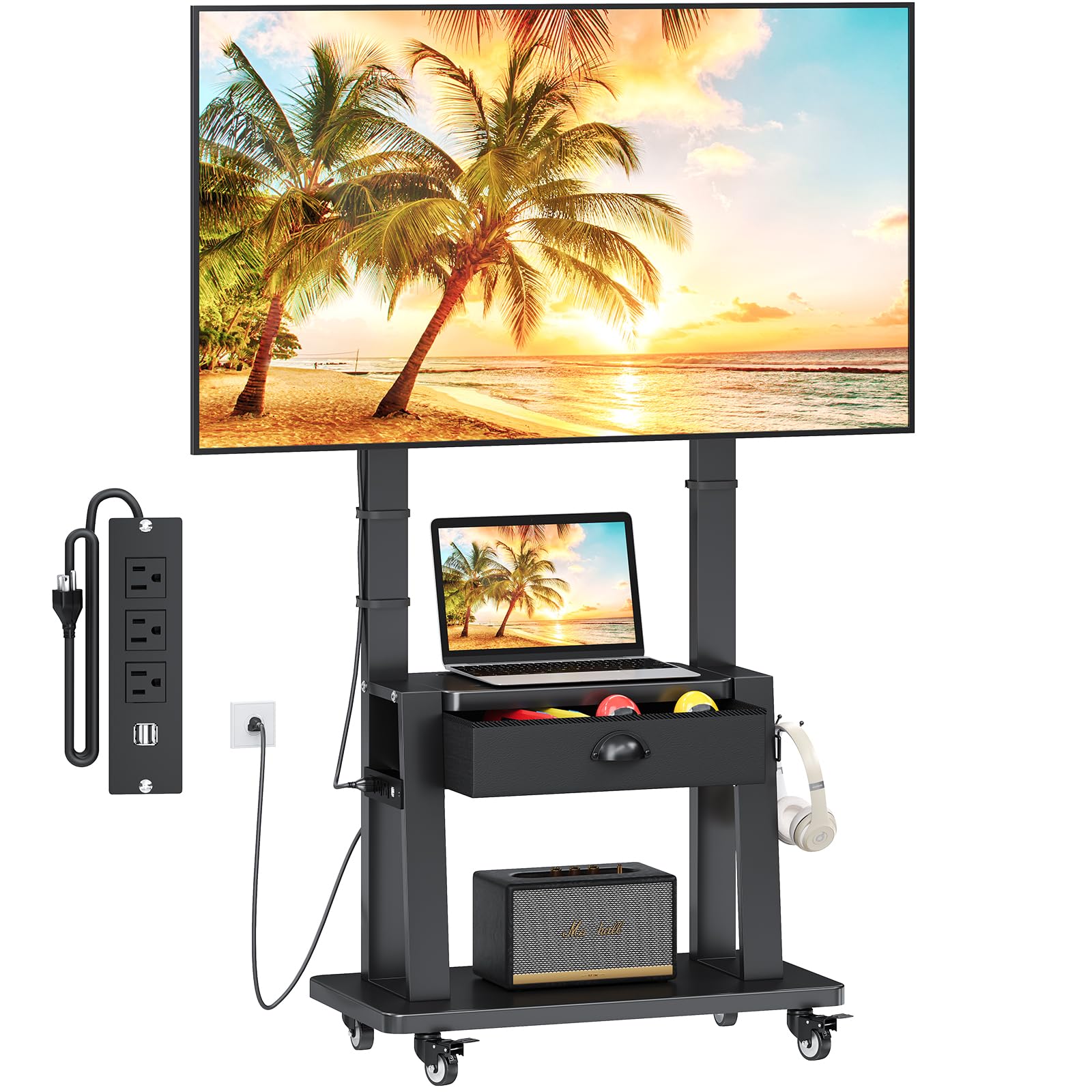 Rolling TV Stand with Power Outlet,TV Cart with Fabric Drawer for 23-75 inch Flat/Curved Screen Up to 120lbs,Adjustable Height Mobile TV Stand with