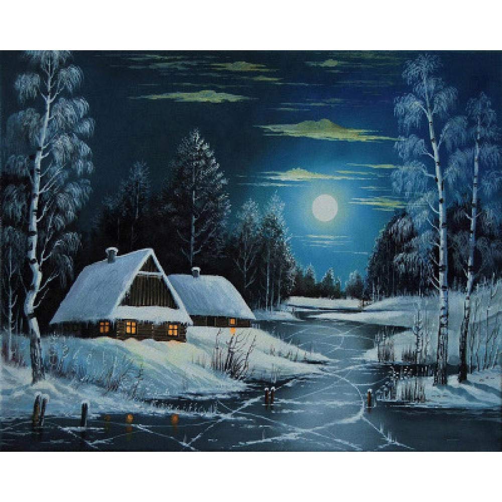 Kit broderie diamant 5D paysage nuit enneigée - Cadeau idéal loisirs créatifs 40x50 cm