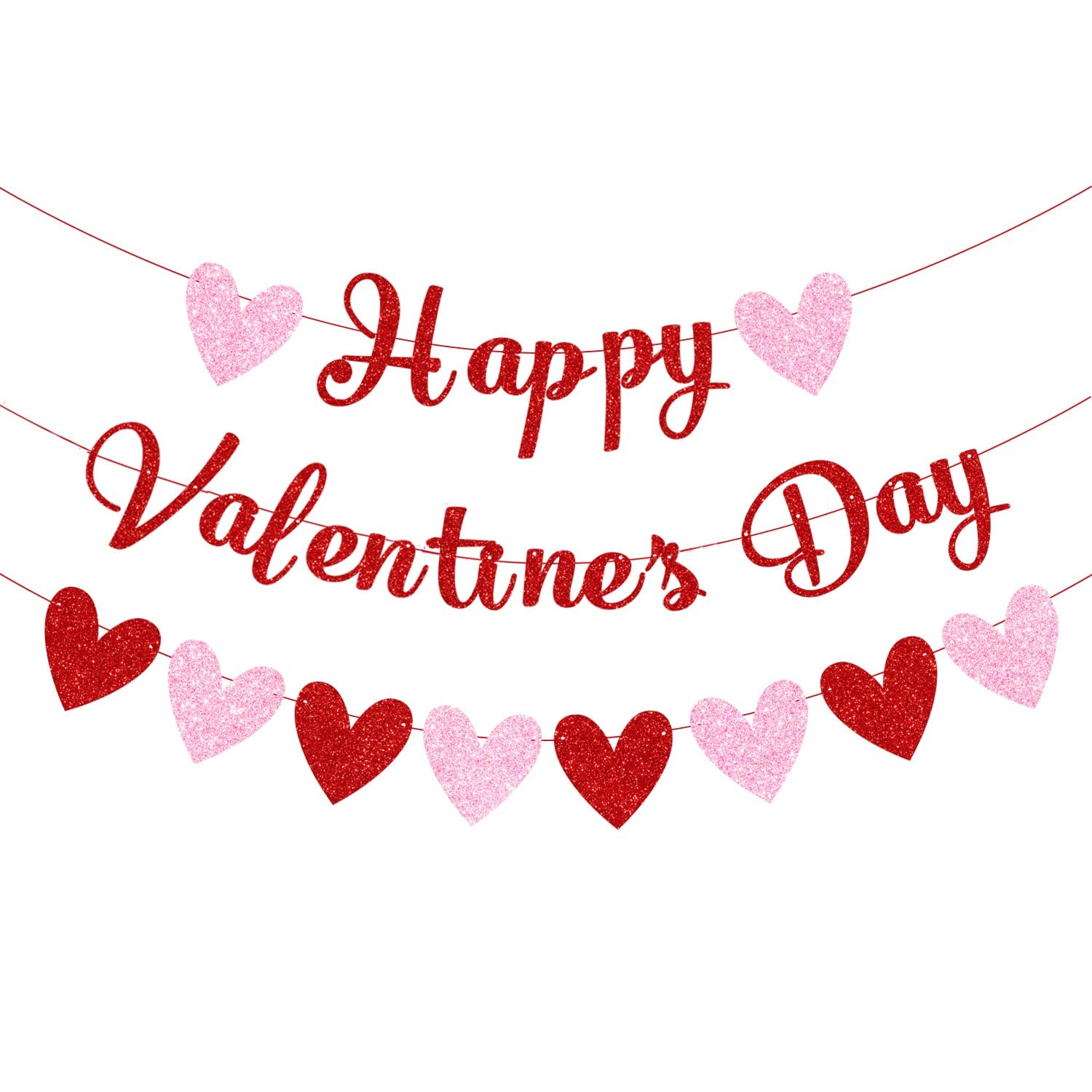 Festiko®Red Glittery Happy Valentine's Day Banner and Red Pink Glittery Hearts Banner Valentine's Day Banner Garland with Heart Signs Valentines Day Party Decorations for Valentines Party Supplies