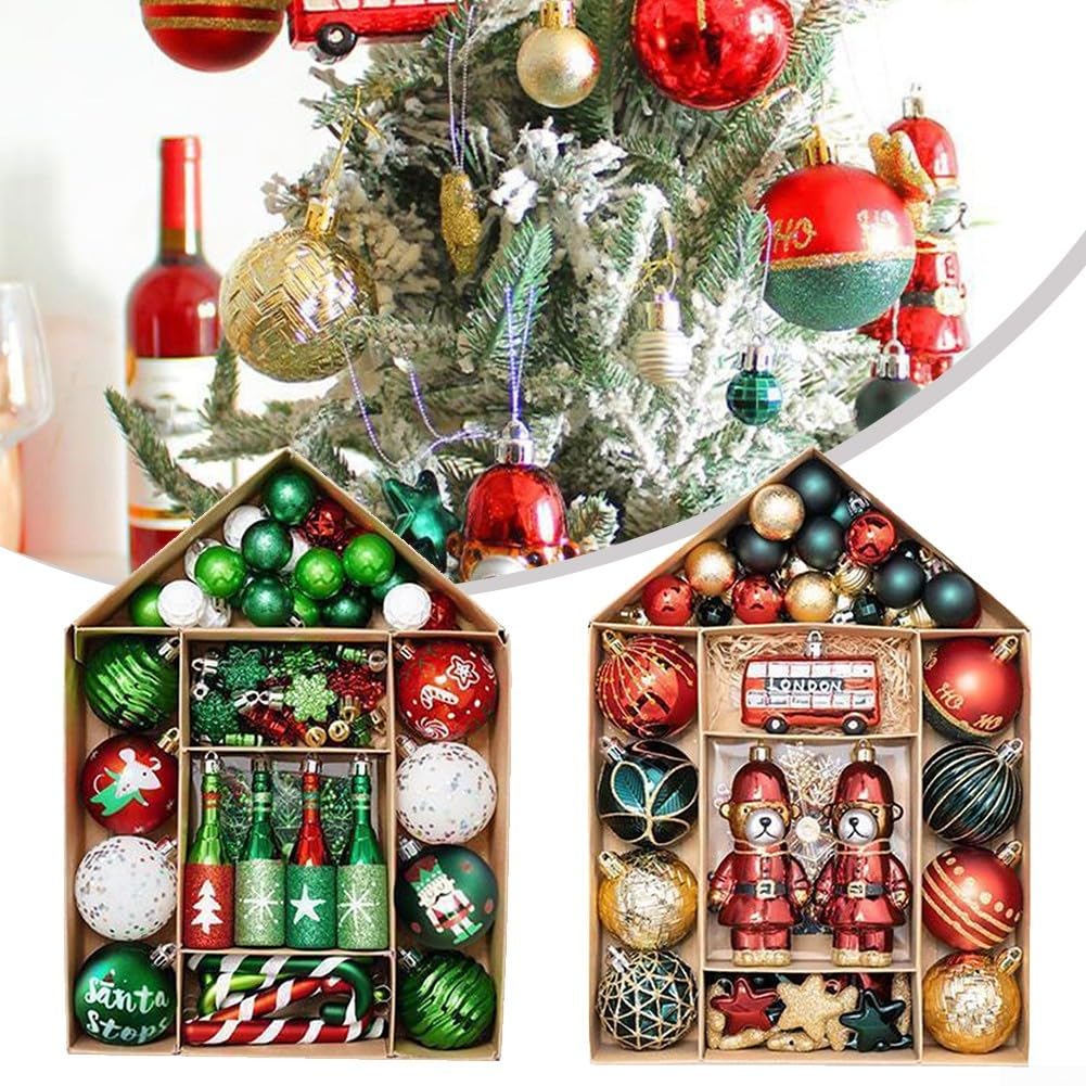 Lot complet de 70 boules décoratives pour sapin de Noël et événements (rouge, vert, doré)