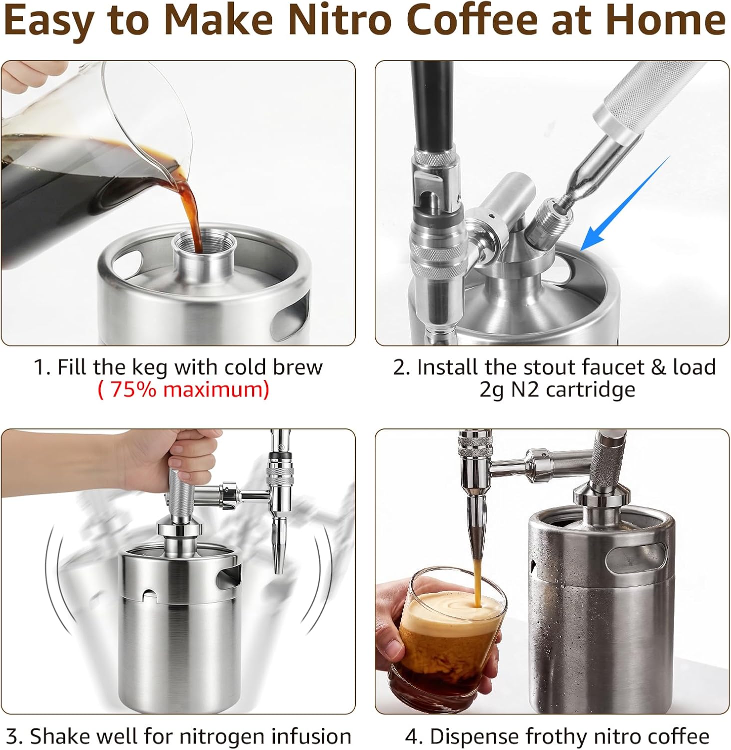 Nitro Cold Brew Coffee Maker, 64oz Nitro Keg System, SS Nitro Mini Keg with Stout Creamer Faucet, Homebrew Coffee Keg Dispense Kit with Pressre Relief Valve - Gift for Coffee Lovers