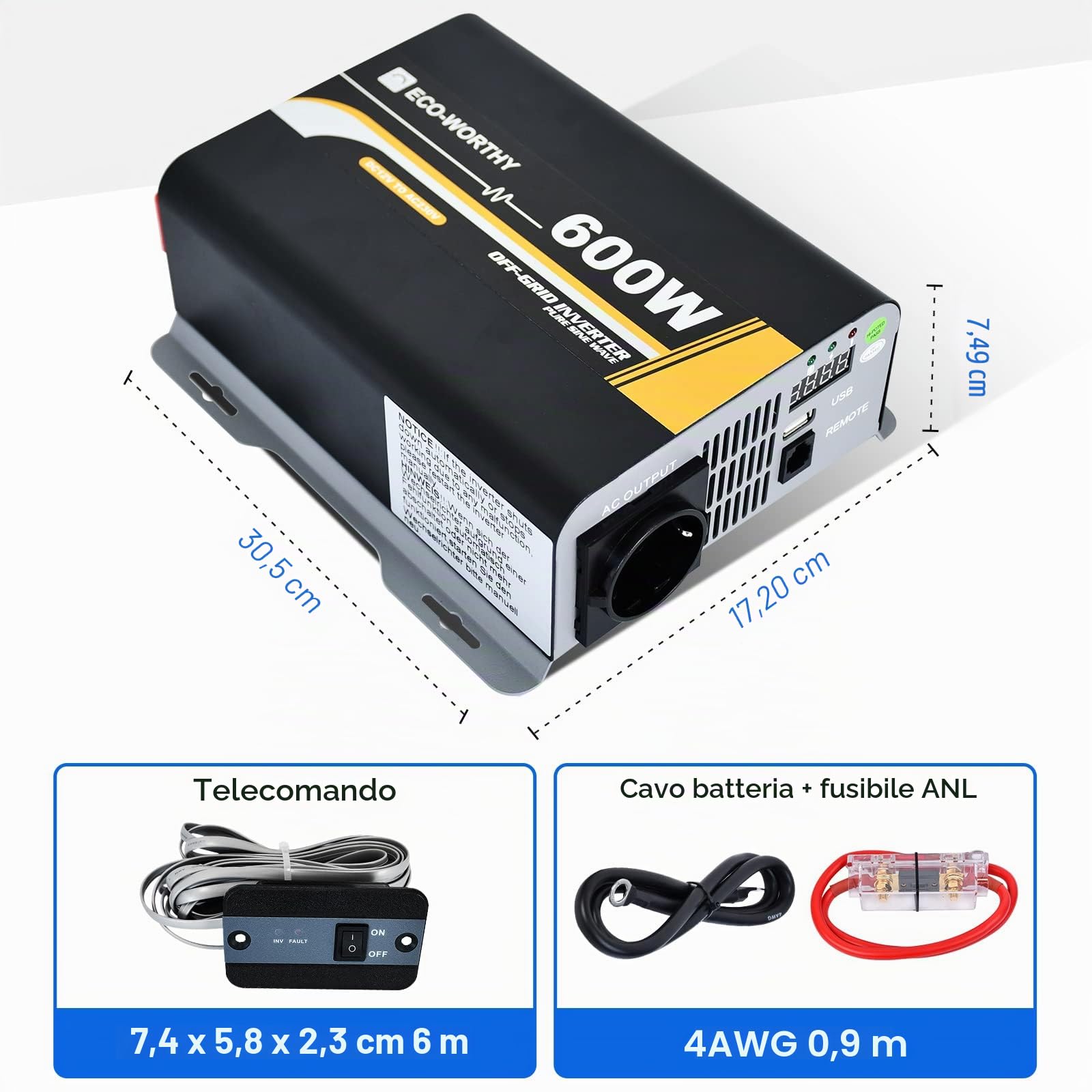 ECO-WORTHY 600 W, 12 V-230 V, AC off-grid, inverter sinusoidale DC con telecomando e fusibile e per auto, camper, veicoli da campeggio e sistemi solari