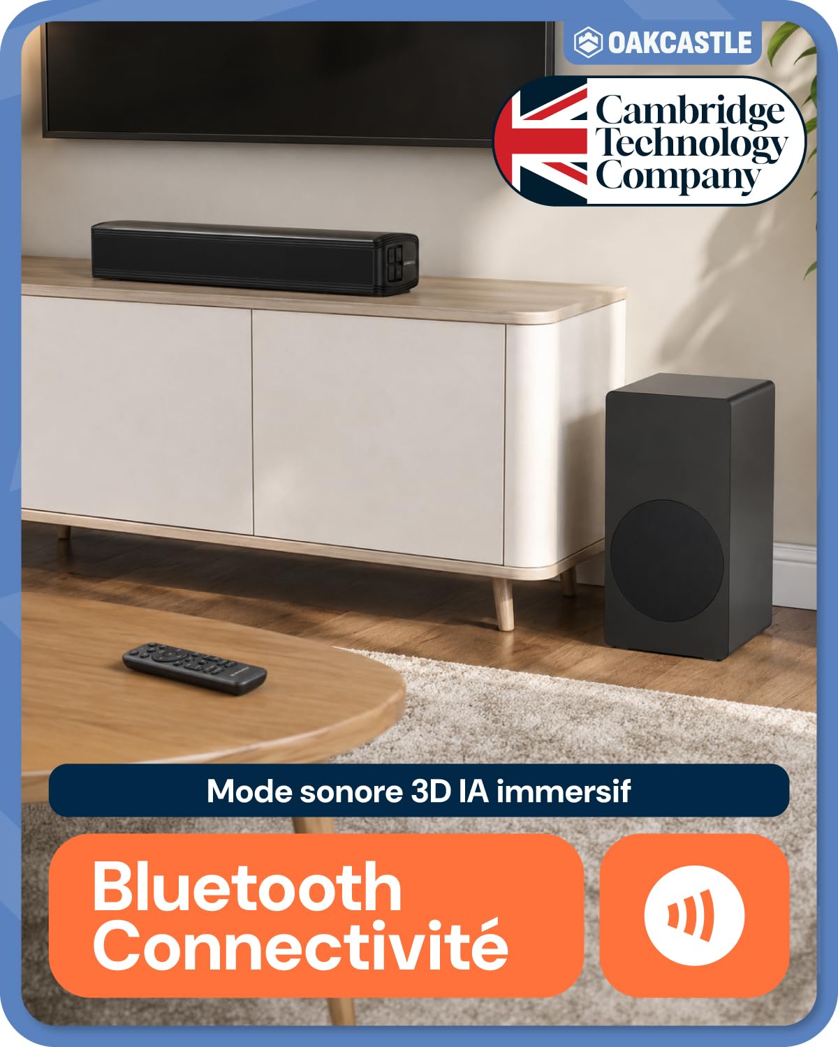 Oakcastle Barre de Son TV 2.1, Soundbar, Caisson de Basses 90W SB40 Xtra | HDMI Arc AUX Optique USB | Télécommande Kit Mural PC Téléviseur