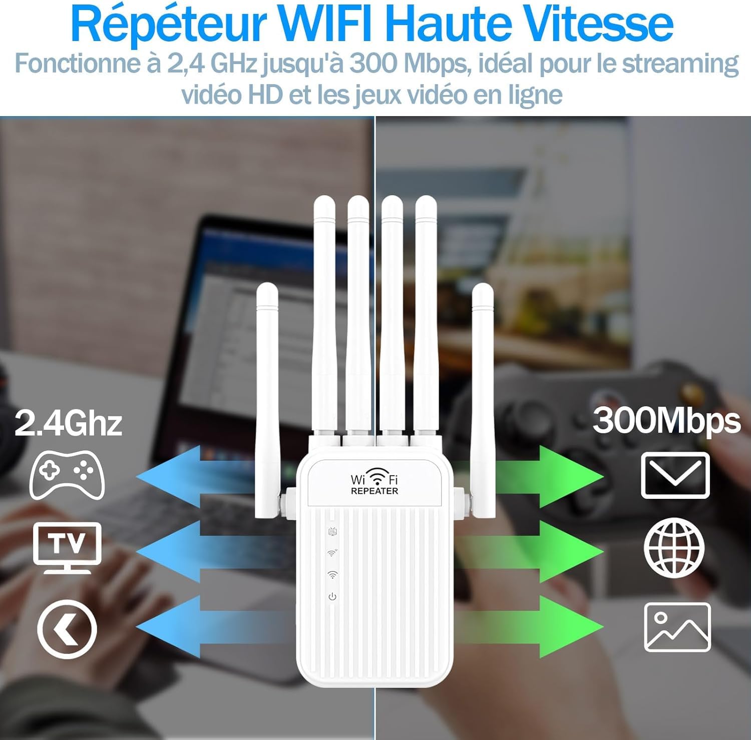 Répéteur WiFi,Amplificateur WiFi,repeteur WiFi Puissant avec 6 Antennes Puissantes,2 Ports LAN,Mode Répéteur & Routeur & AP,repeteur WiFi Exterieur Couverture WiFi de 1200 m²,Facile à Installer