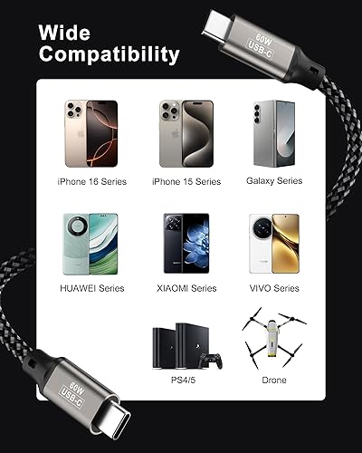 Miniatura 6 de Cable USB C a USB C de 240 W de 10 pies, cable de carga tipo C, cable de carga rápida USB C de nailon trenzado compatible con Mac Book Pro 2021, i