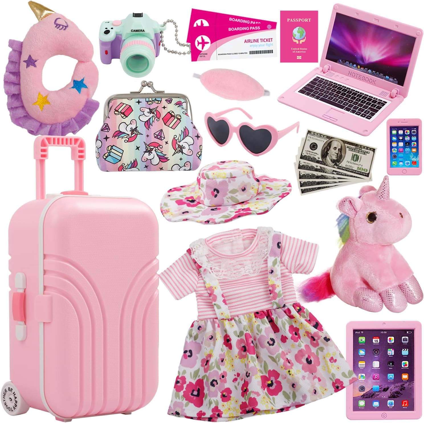 Windolls 18 Inch Doll Suitcase Travel Luggage Play Set - Clothes Accessories, Travel Carrier Storage, Case, Hat, Sunglasses, Camera, Pillow, Toy Pet, and More