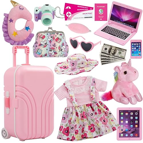 Windolls 18 Inch Doll Suitcase Travel Luggage Play Accessories, Doll Clothes Accessories Carrier Storage Set, Case, Hat, Sunglasses, Camera, Pillow, Toy Pet
