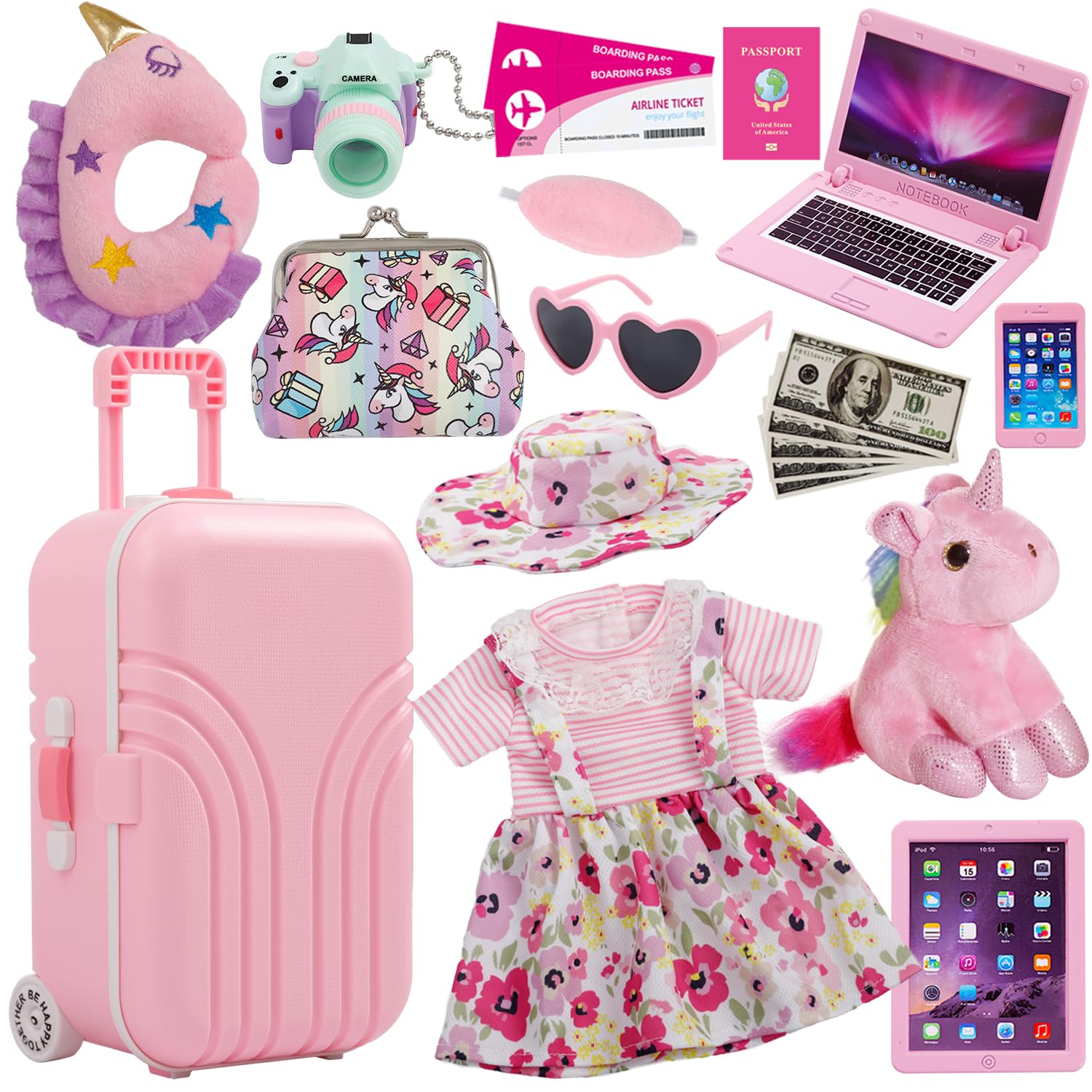 Windolls 18 Inch Doll Suitcase Travel Luggage Play Set - Clothes Accessories, Travel Carrier Storage, Case, Hat, Sunglasses, Camera, Pillow, Toy Pet, and More