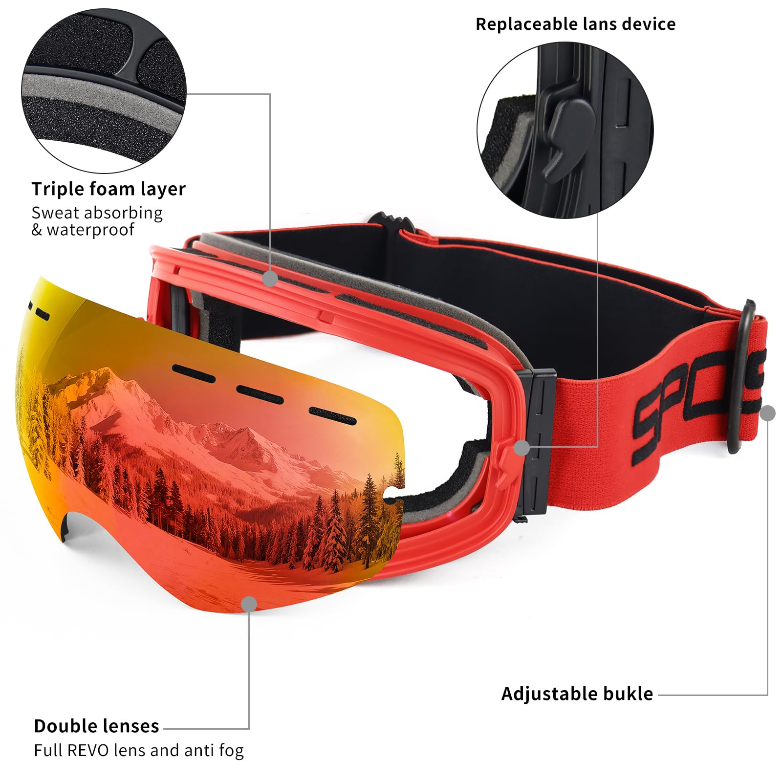 SPOSUNE Lunettes de Ski OTG Compatible Casque & Lunettes de Vue | Double Lentille Anti-Buée, Coupe - vent, anti - poussière, anti - UV, conception OTG, Compatible Casque & Lunettes de Vue