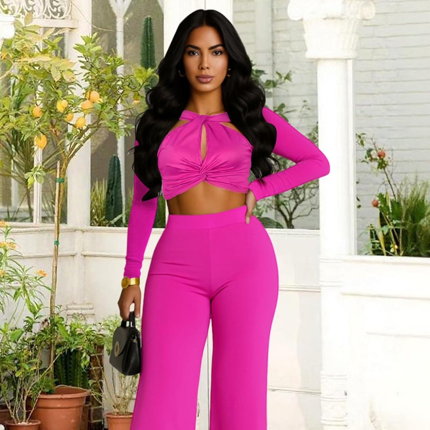 Sexy Two Piece Outfits for Women Fall Winter Long Sleeve Twist Front Crop Top Pants Set Party Club Outfits - Image 5