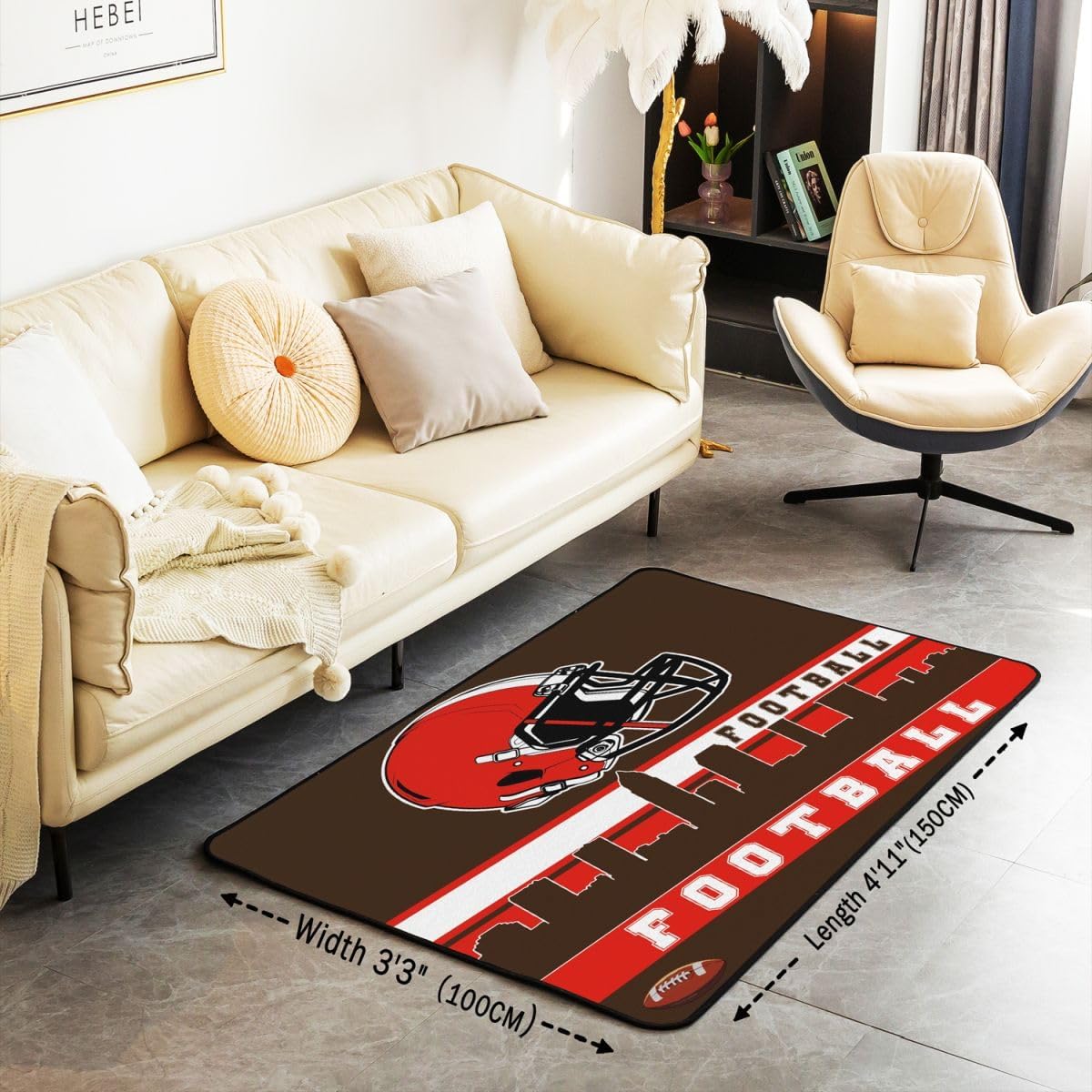Erosebridal Football City Area Rug 4'11" x 3'3" Football Rug for Boys Girls Brown Red Rugby Game Carpet Football Fans Bedroom Decor Sports Ball Team Decorative Rug
