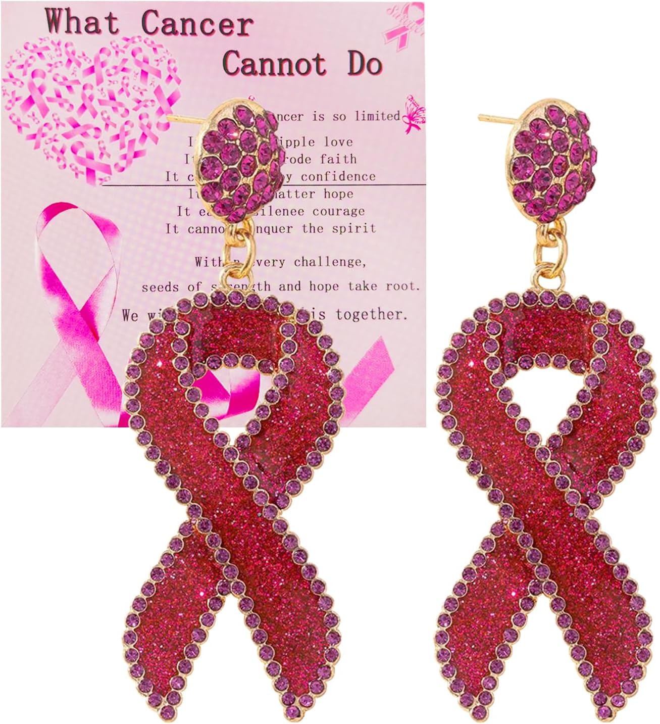 Breast Cancer Awareness Earrings For Women Pink Rhinestone Ribbon Drop Earrings Breast Cancer Earrings Gift