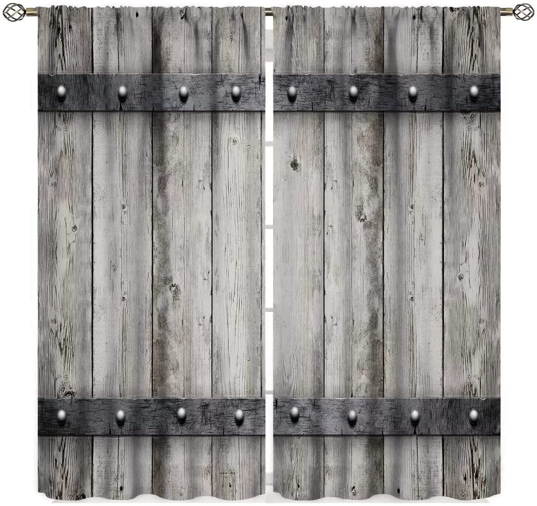 Rustic Barn Door Curtains Wooden Plank Old Wood Farmhouse Countryside Rural Life Vintage Retro Living Room Bedroom Window Drapes Treatment Fabric 72x63inch(183x160cm)