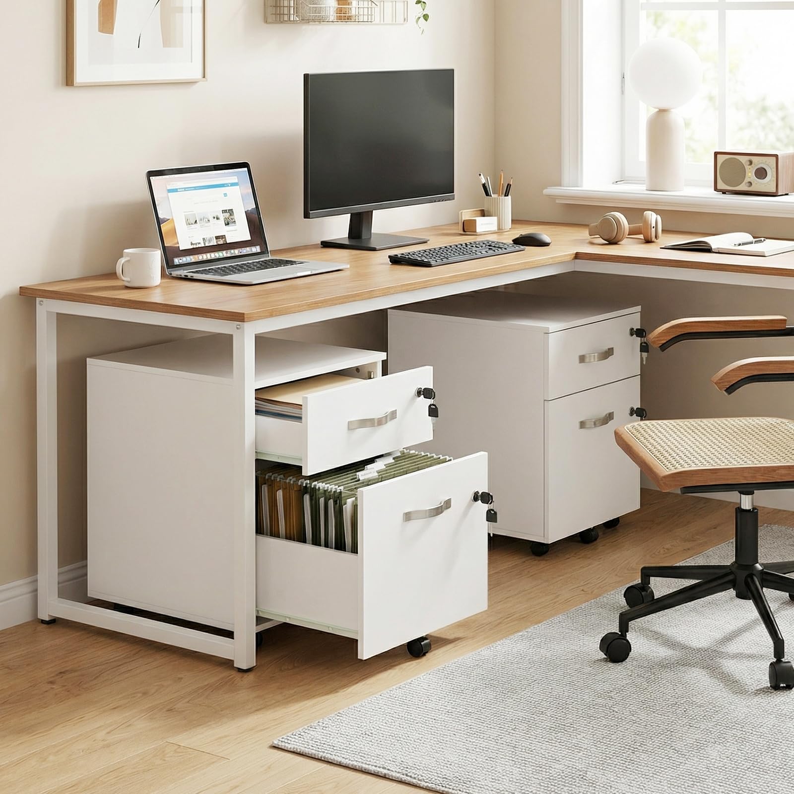 Caisson de Rangement, Meuble Bureau à 5 roulettes, 2 Tiroirs, Verrouillable Meuble sous Bureau 53.5 cm Hauteur, Blanc