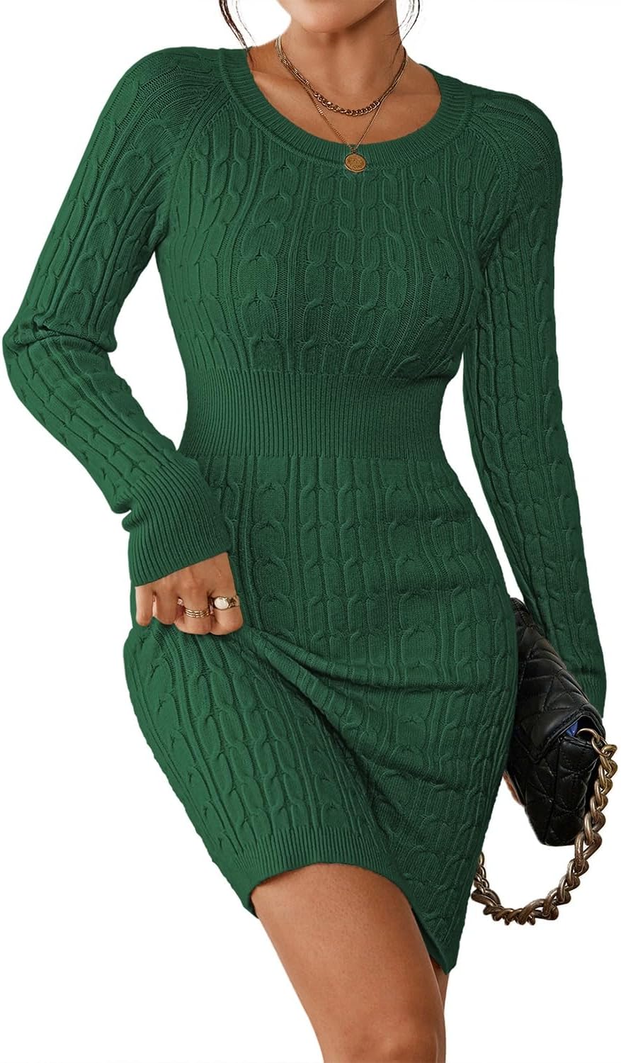 Pink Queen Women's Cable Knit Sweater Dress Long Sleeve Crewneck Mini Pencil Bodycon Dresses Fall Winter Outfits